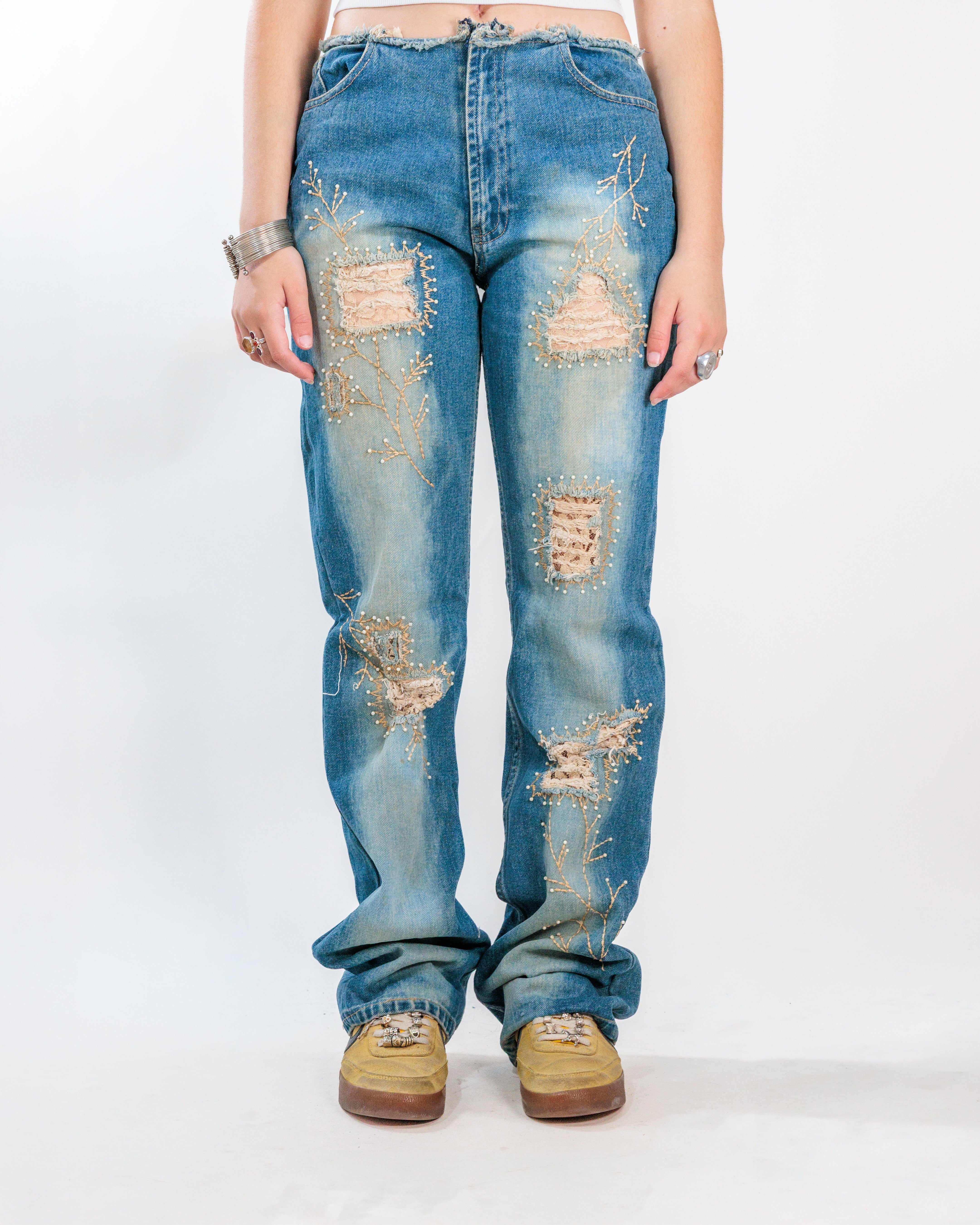 Blue Embellished Distressed Straight Leg Jeans - Il Cornedo