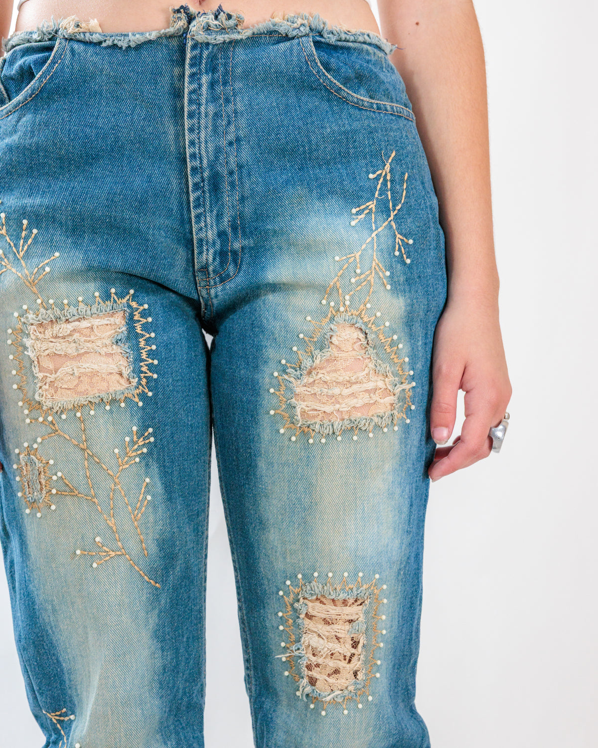Blue Embellished Distressed Straight Leg Jeans - Il Cornedo