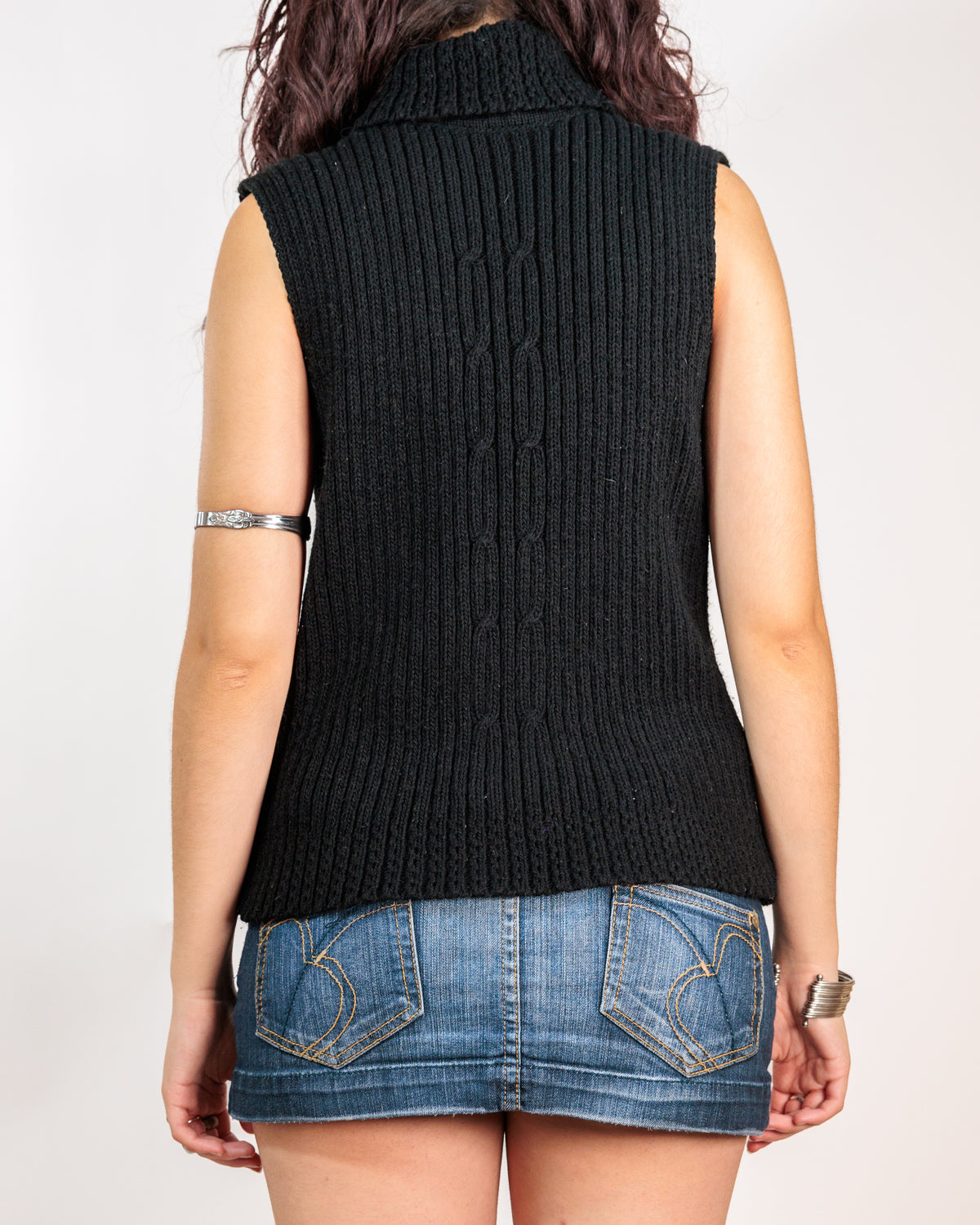 Black Ribbed Sleeveless Turtleneck Top