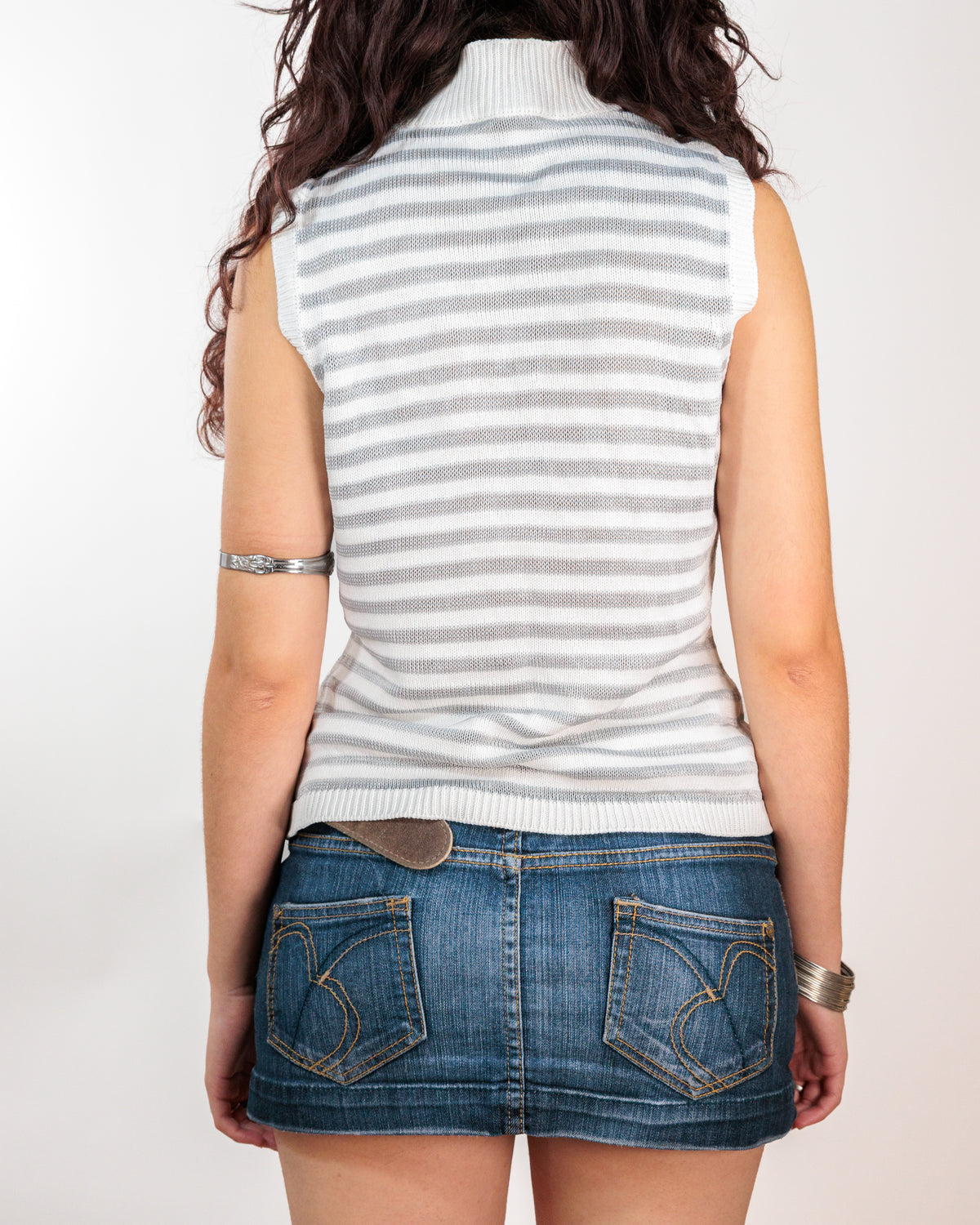 White & Grey Striped Sleeveless Turtleneck - L'altra Moda