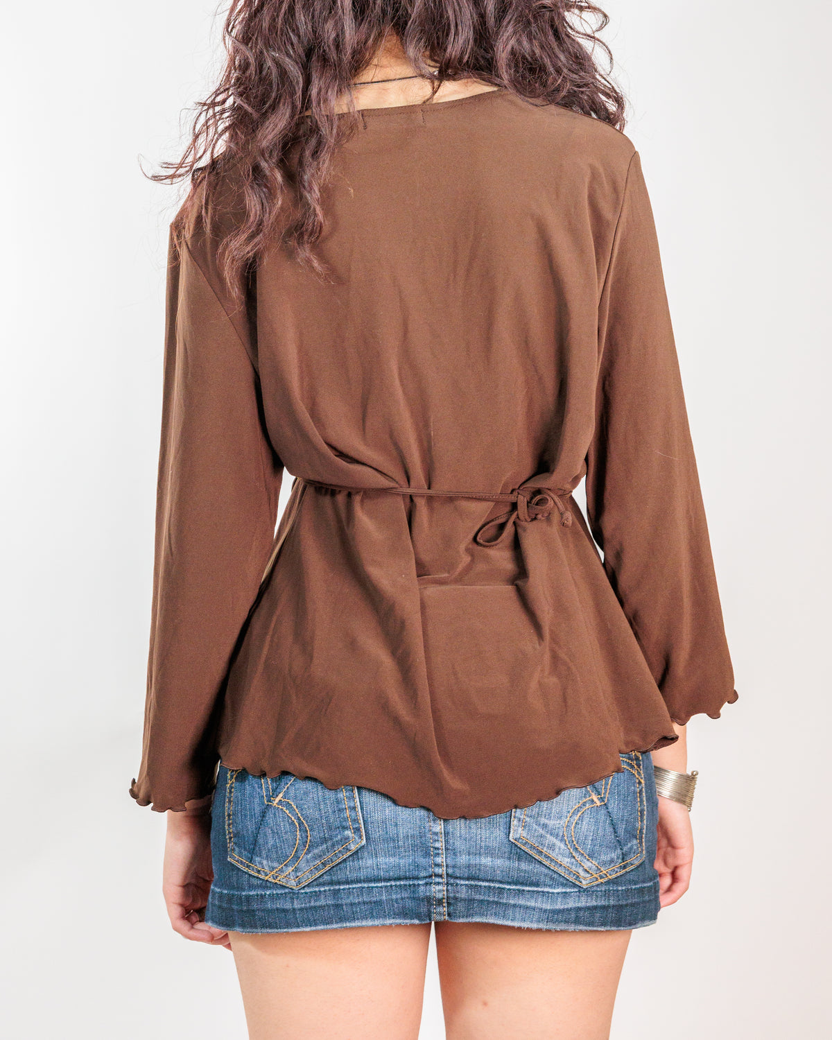 Chocolate Brown Floral Embroidered Wrap Top - SALOOS