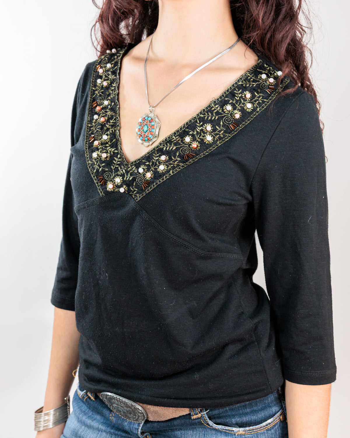 Black Embellished V-Neck Top