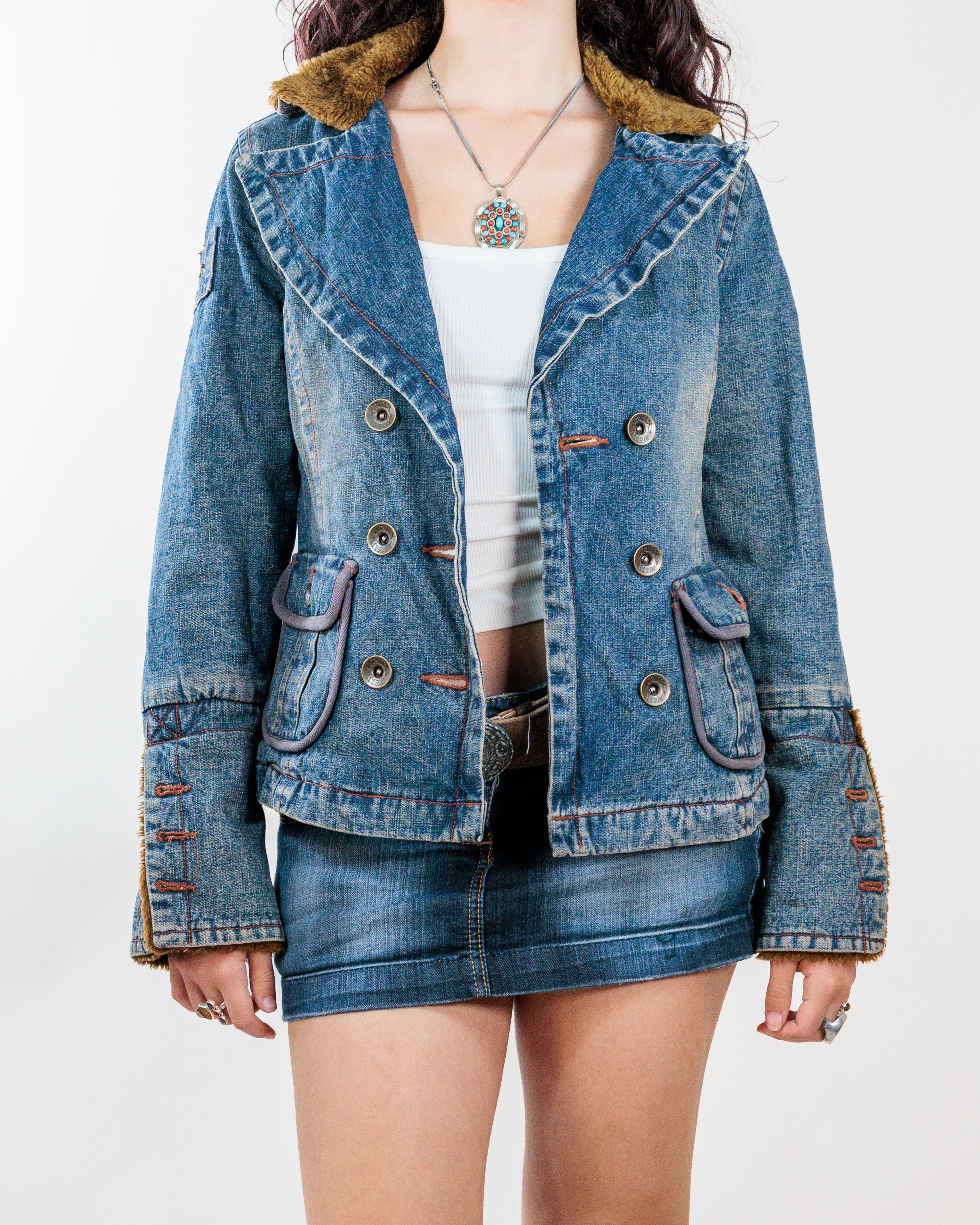 Blue Faux Fur Trim Double-Breasted Denim Jacket - Tally Weijl