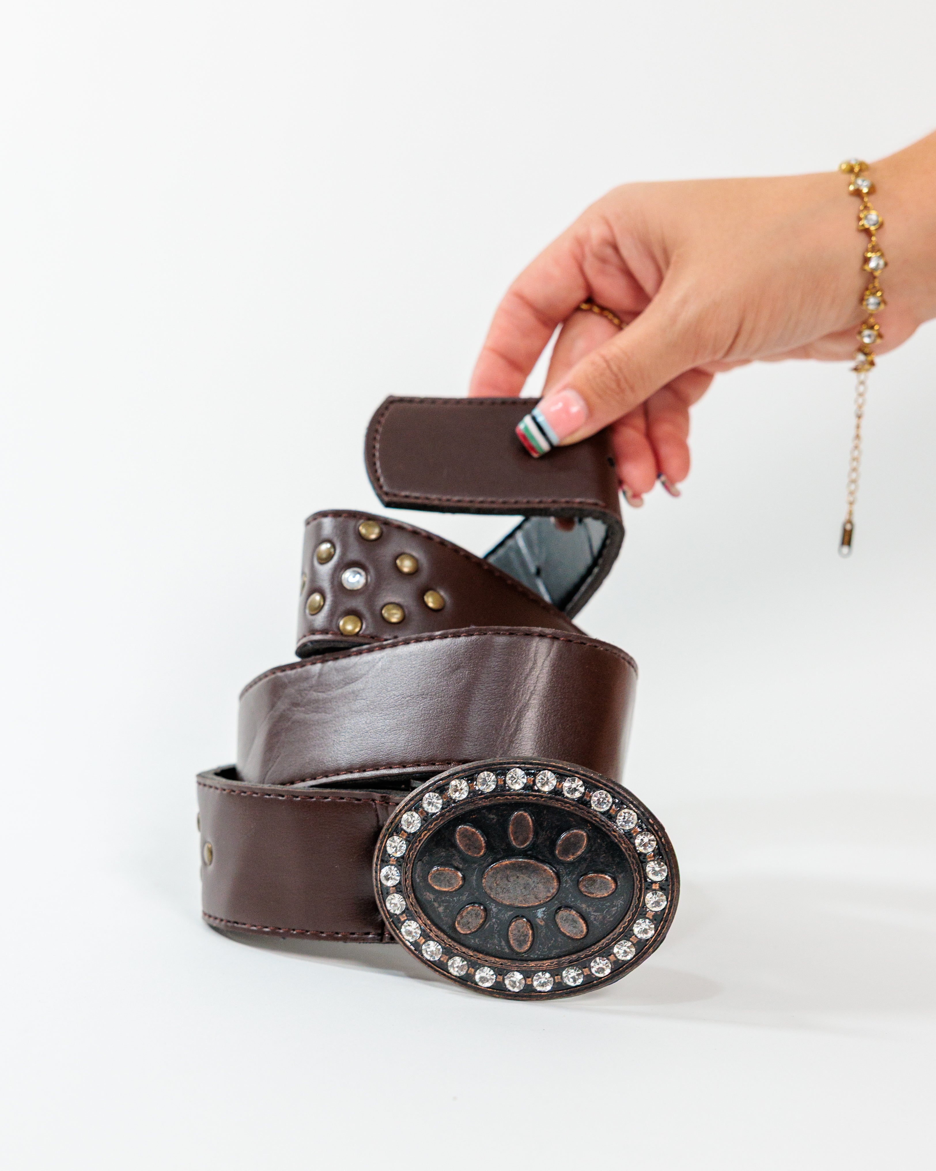 Brown Rhinestone Oval Buckle Belt