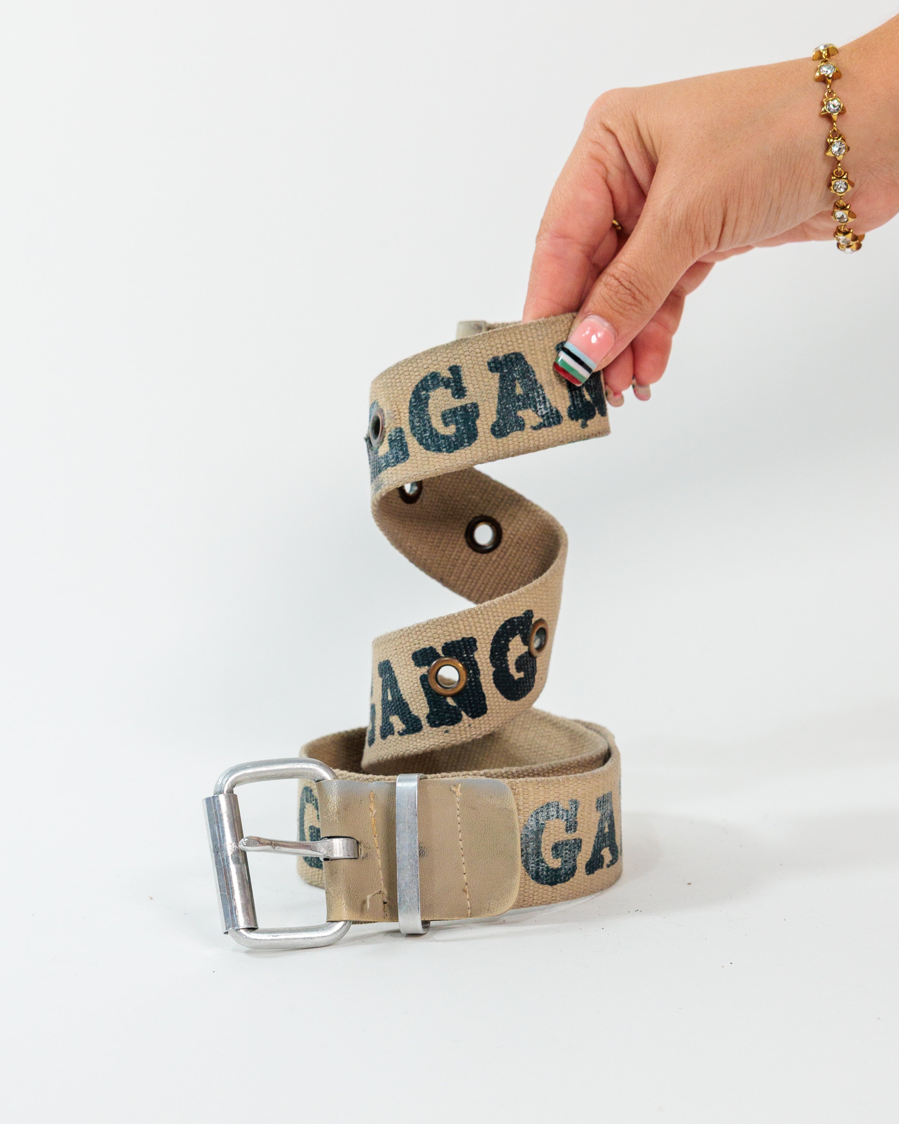 Beige Graphic Grommet Canvas Belt