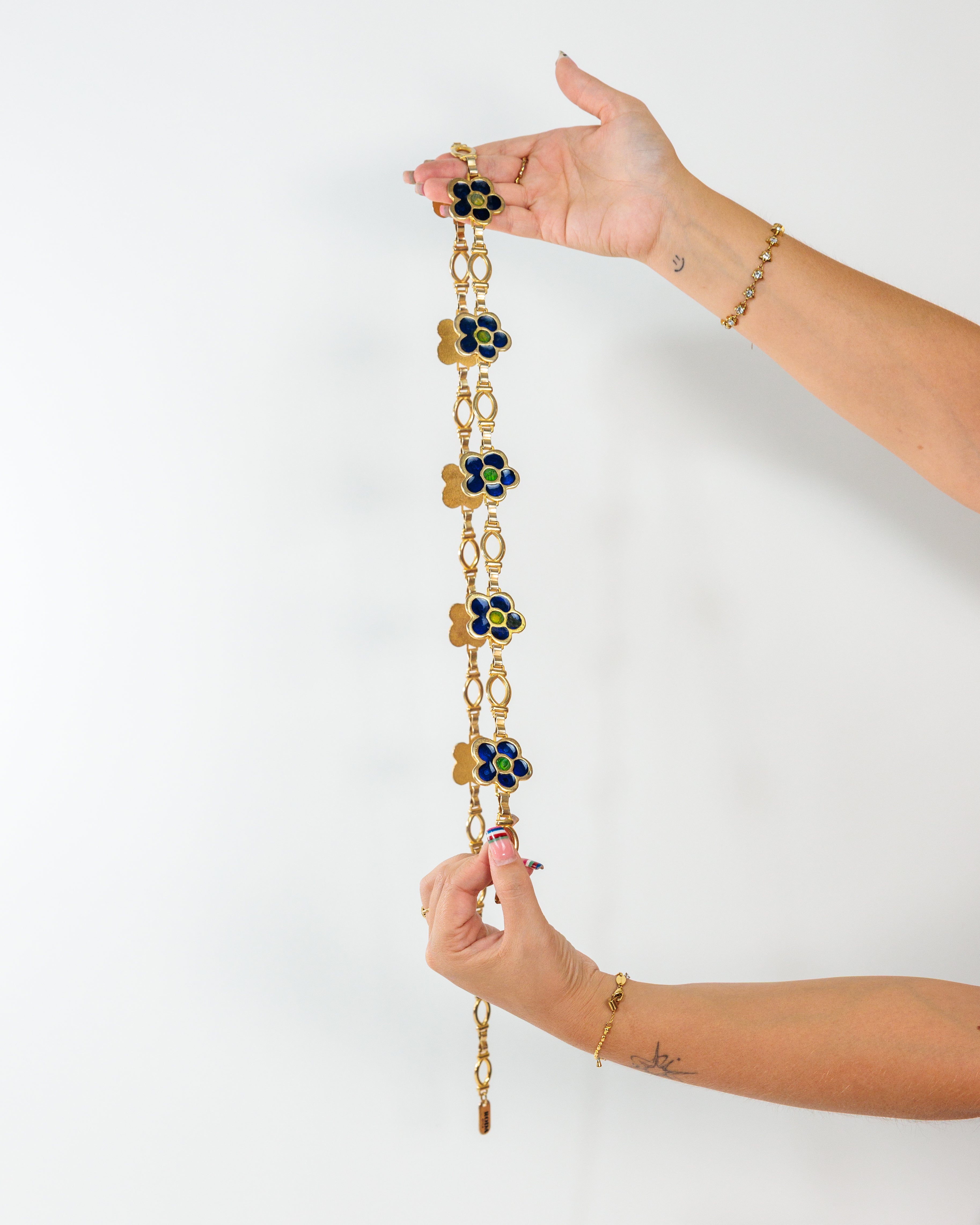 Gold Blue Floral Chain Belt