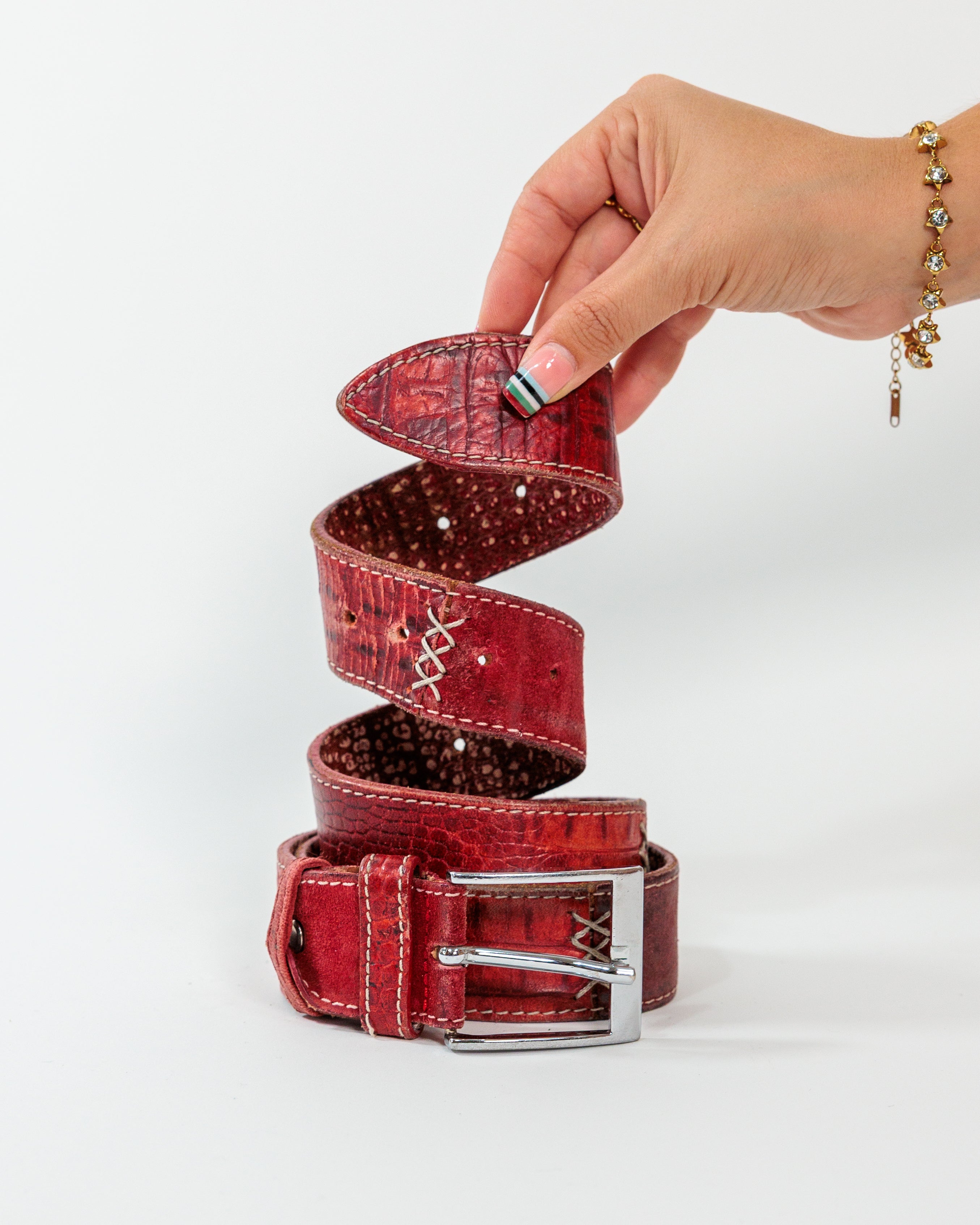 Red Croc-Embossed Wide Belt