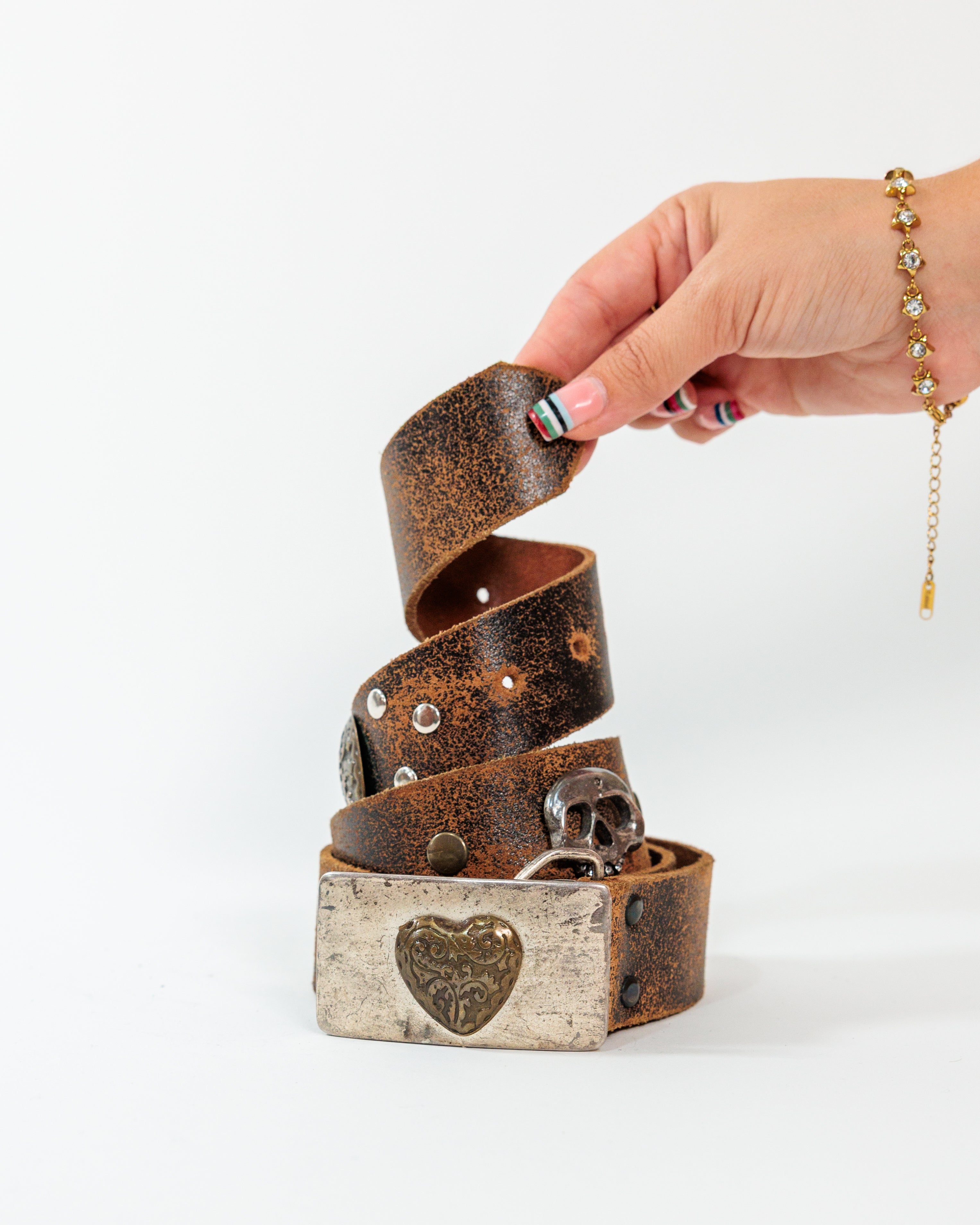 Brown Distressed Heart Buckle Belt