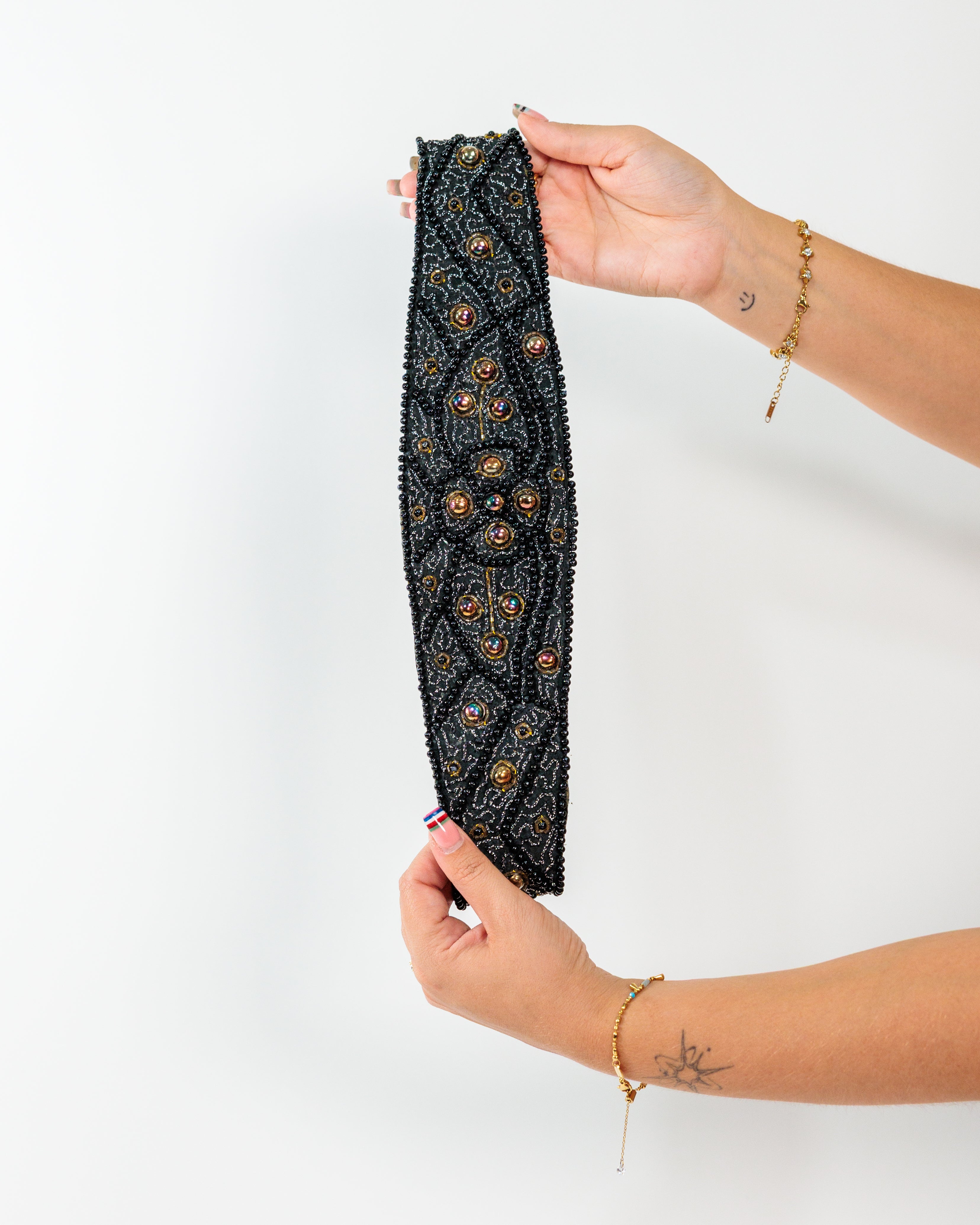 Black Embellished Beaded Wide Belt