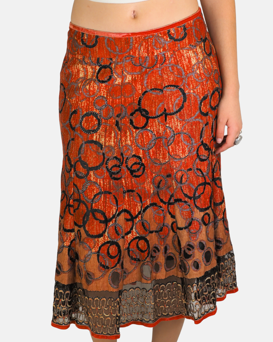 Y2K Orange Abstract Embroidered Midi Skirt - IBO
