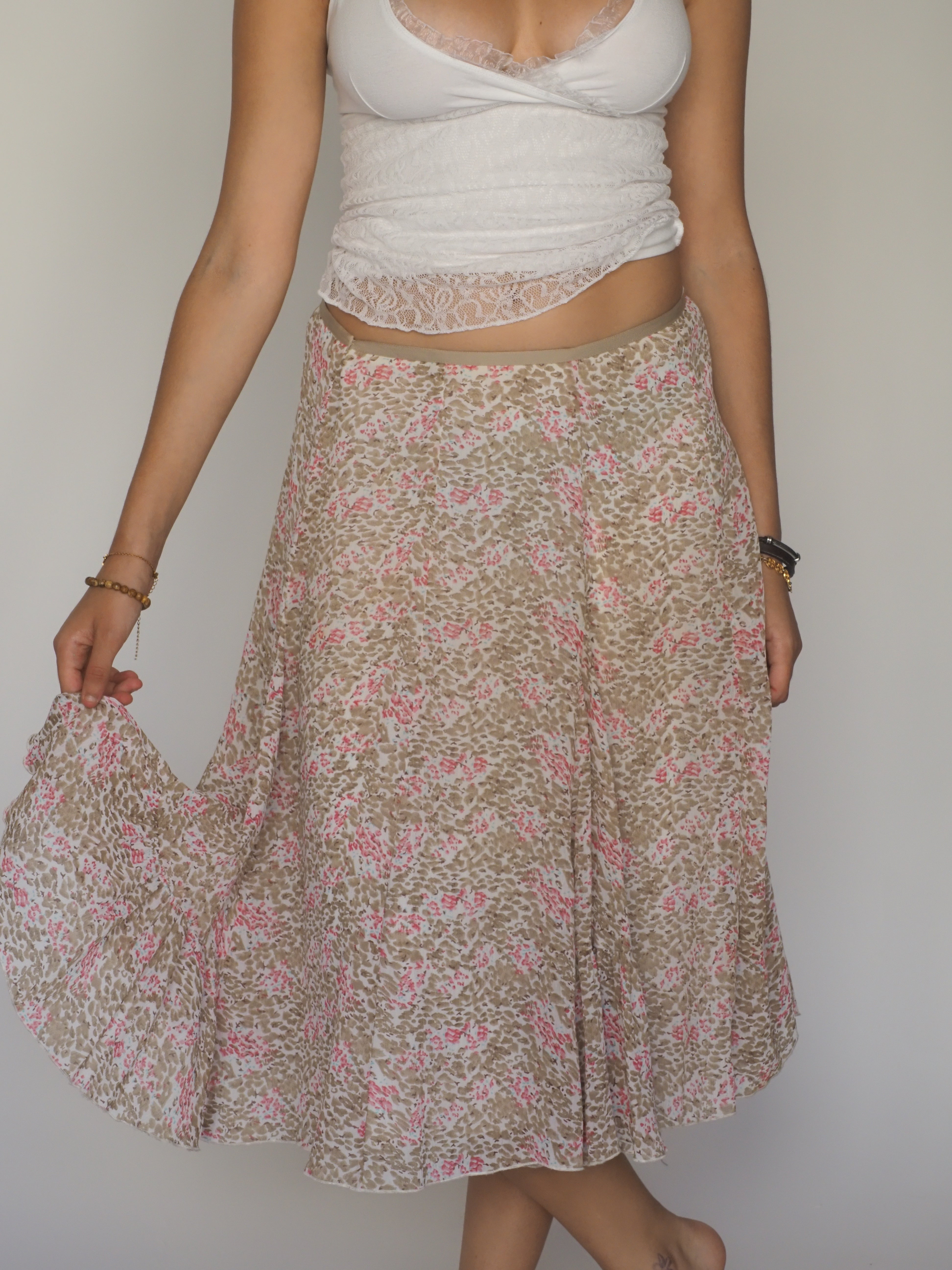 Vintage Flowing A-Line Midi Skirt in Soft Pink & Taupe Abstract Print – Mexx