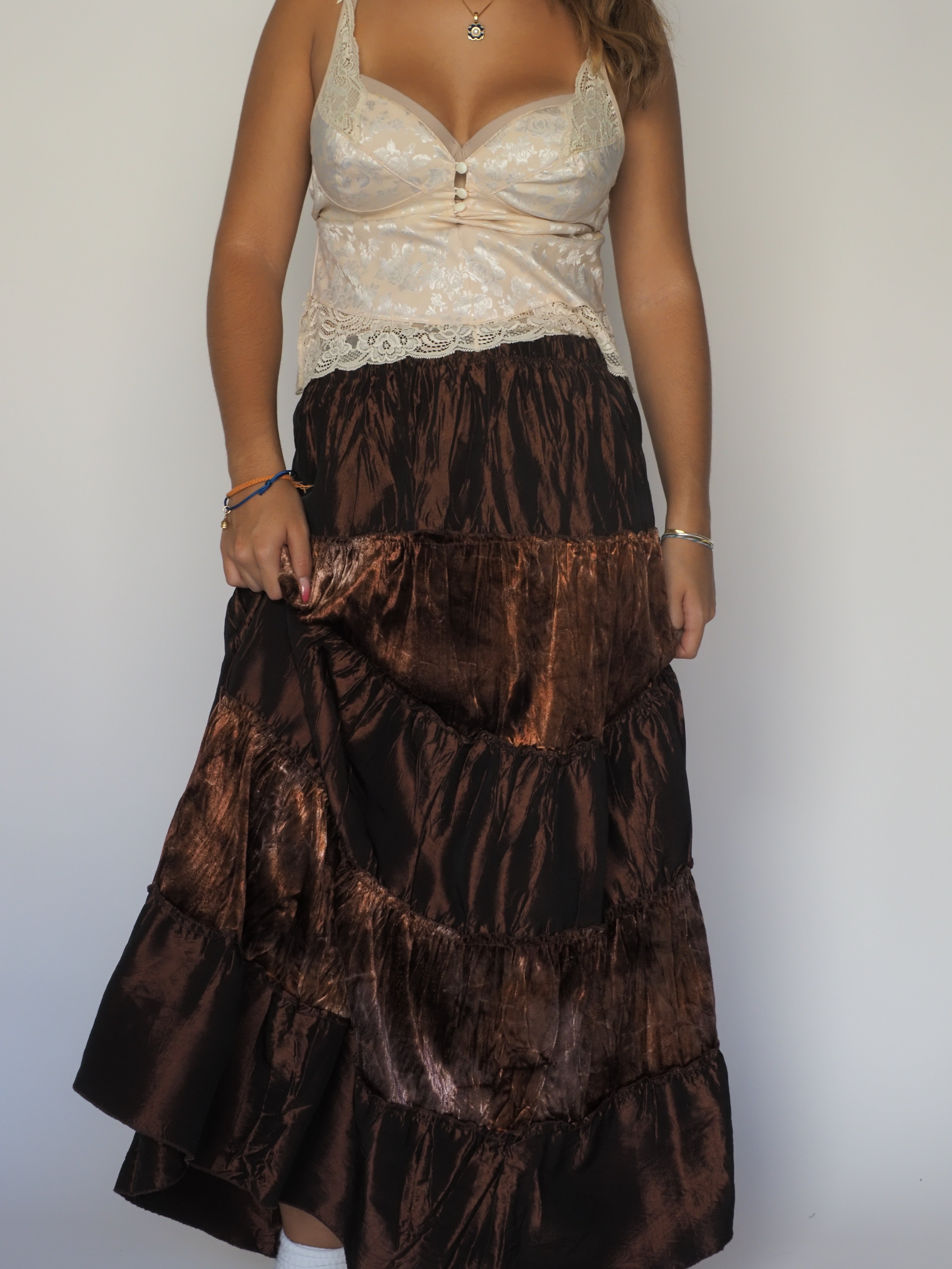 Metallic Copper Tiered Maxi Skirt