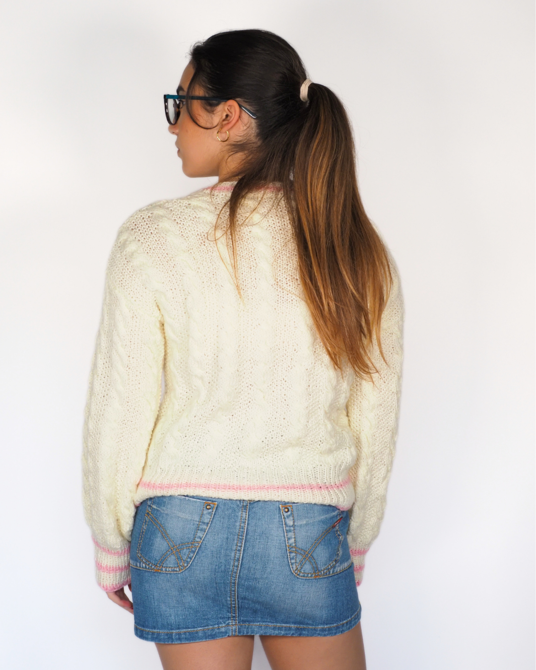 Cream Cable Knit Jumper with Pink Trim