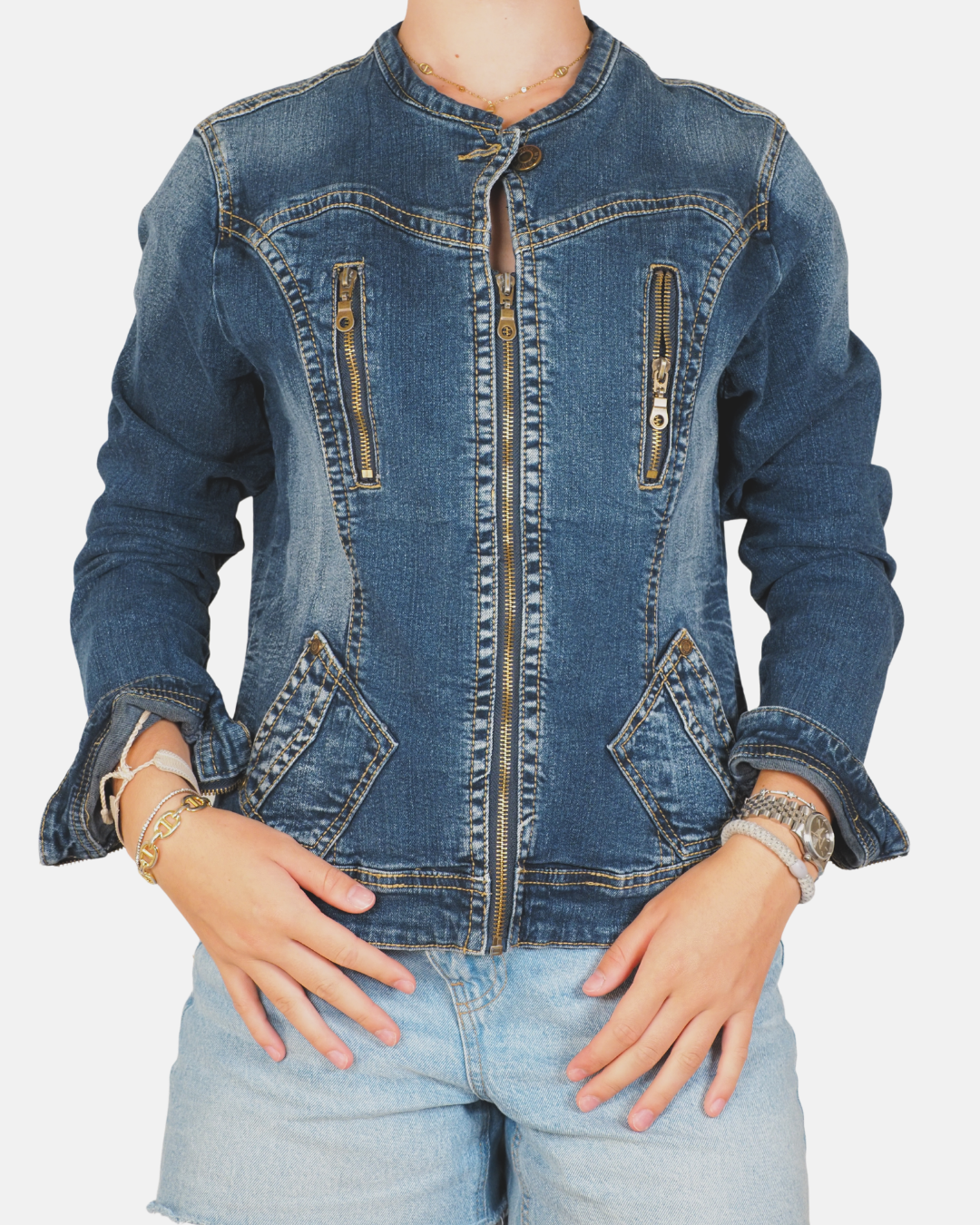 Y2K Zip-Detail Fitted Denim Jacket - My Own