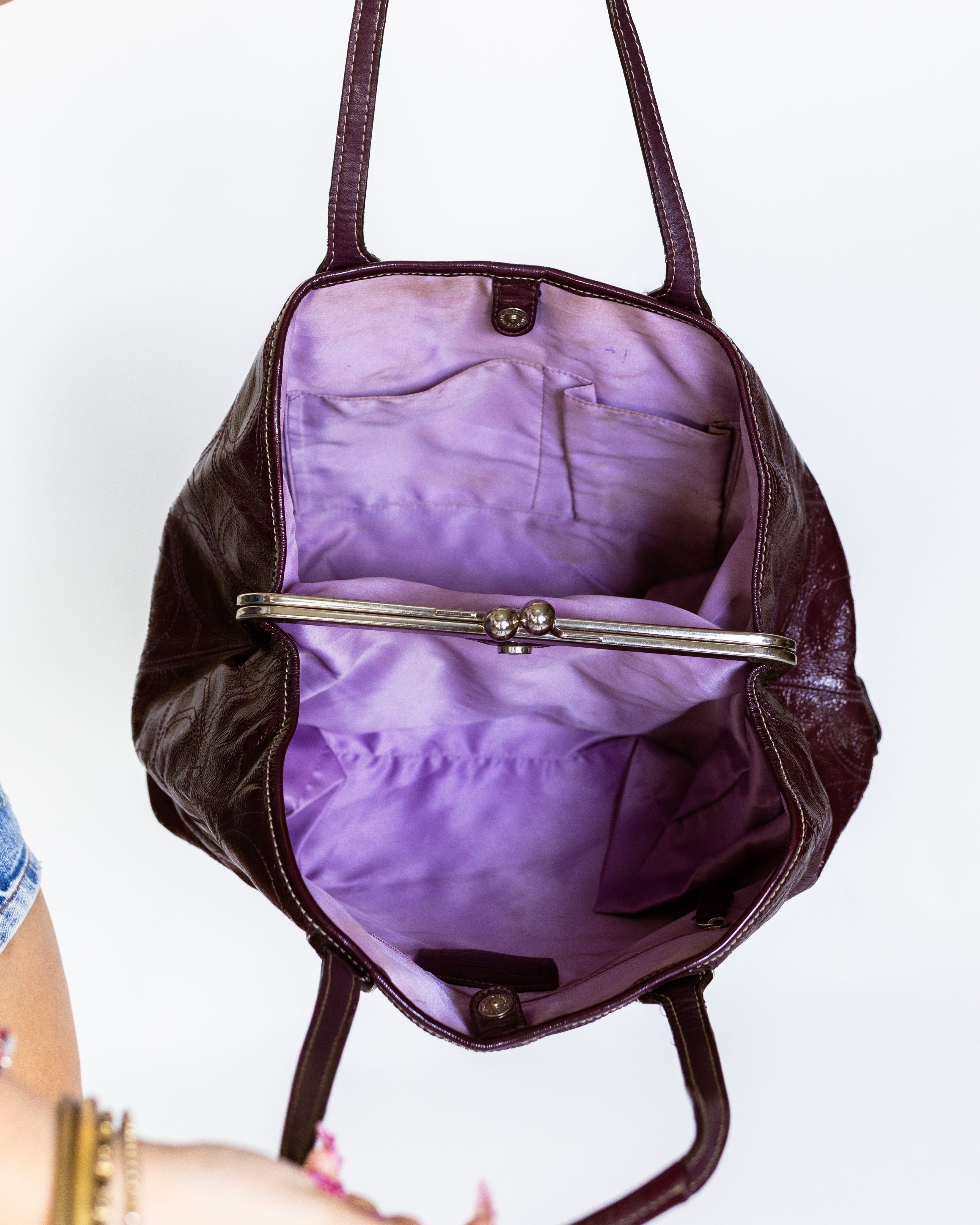 Coach Aubergine Patent Embossed Tote with Lilac Lining & Kiss-Lock Pouch