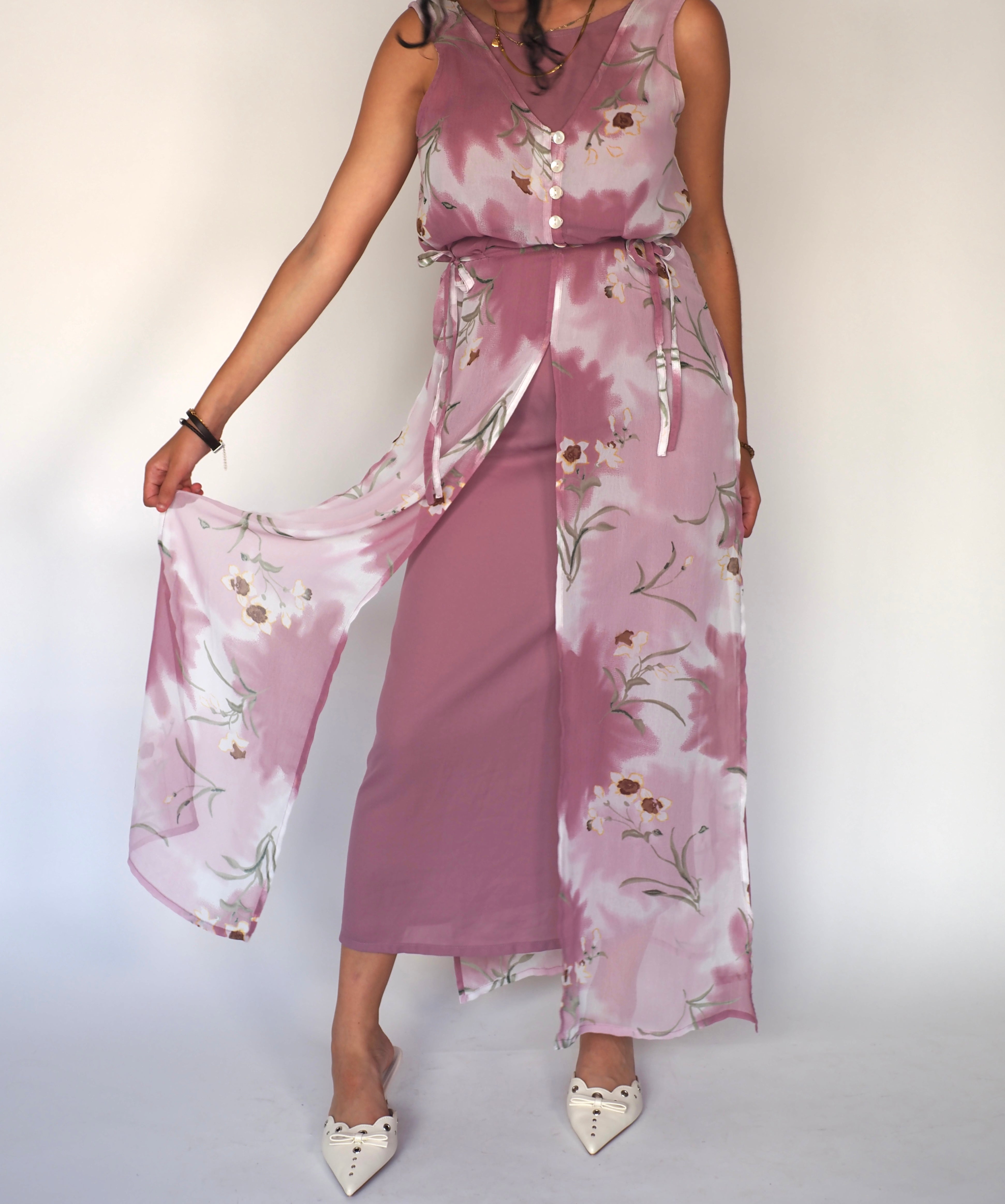 Honey House Lilac Floral Two-Piece Sheer Overlay Maxi Dress Set