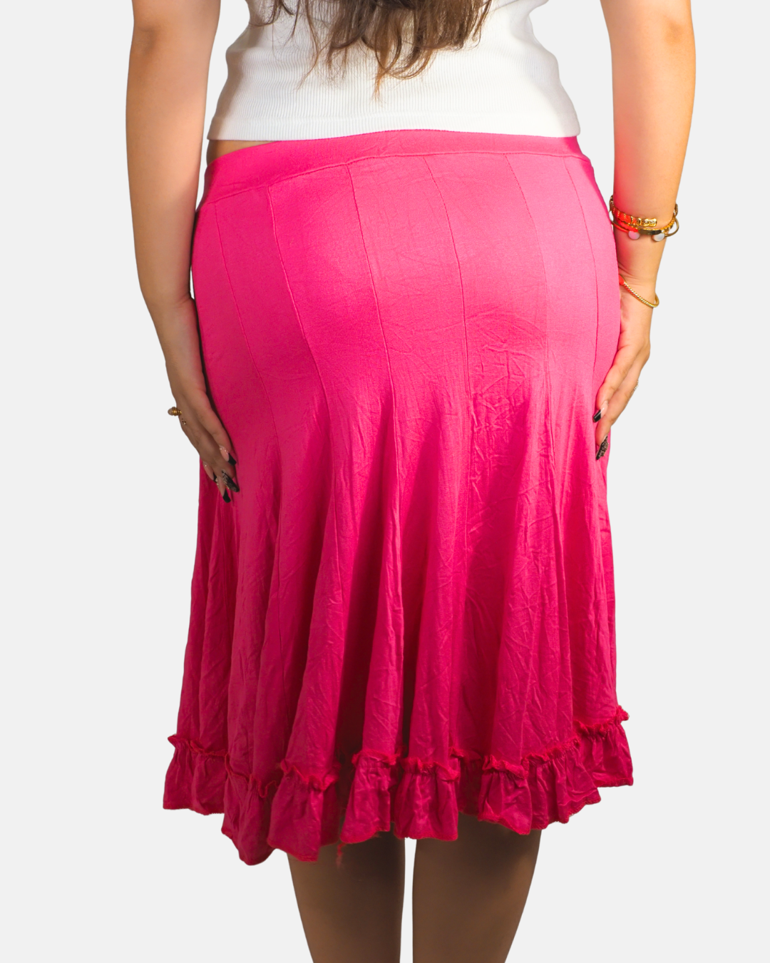 Hot Pink Ruffle Hem Midi Skirt