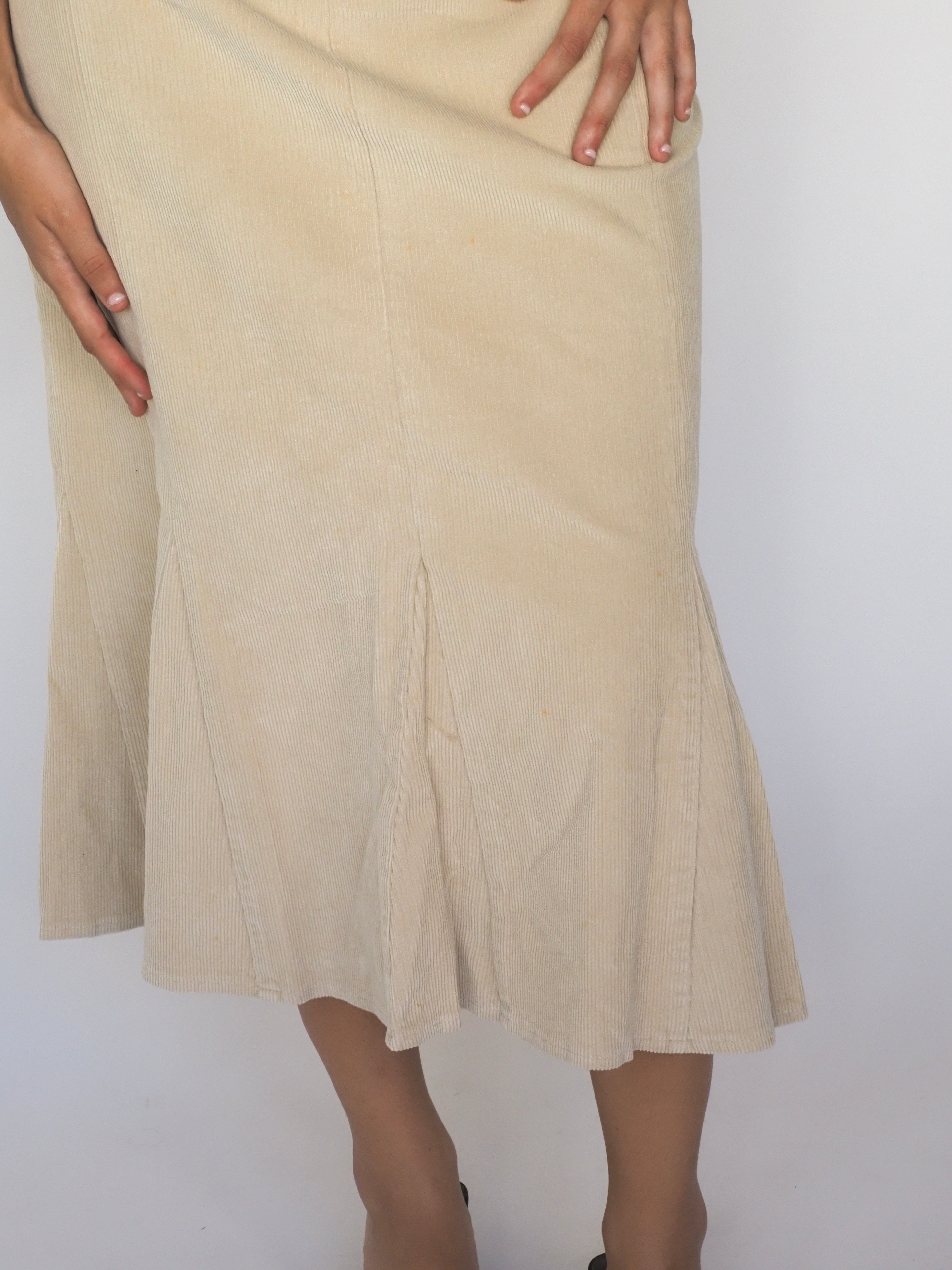 Beige Corduroy Bias-Cut Midi Skirt