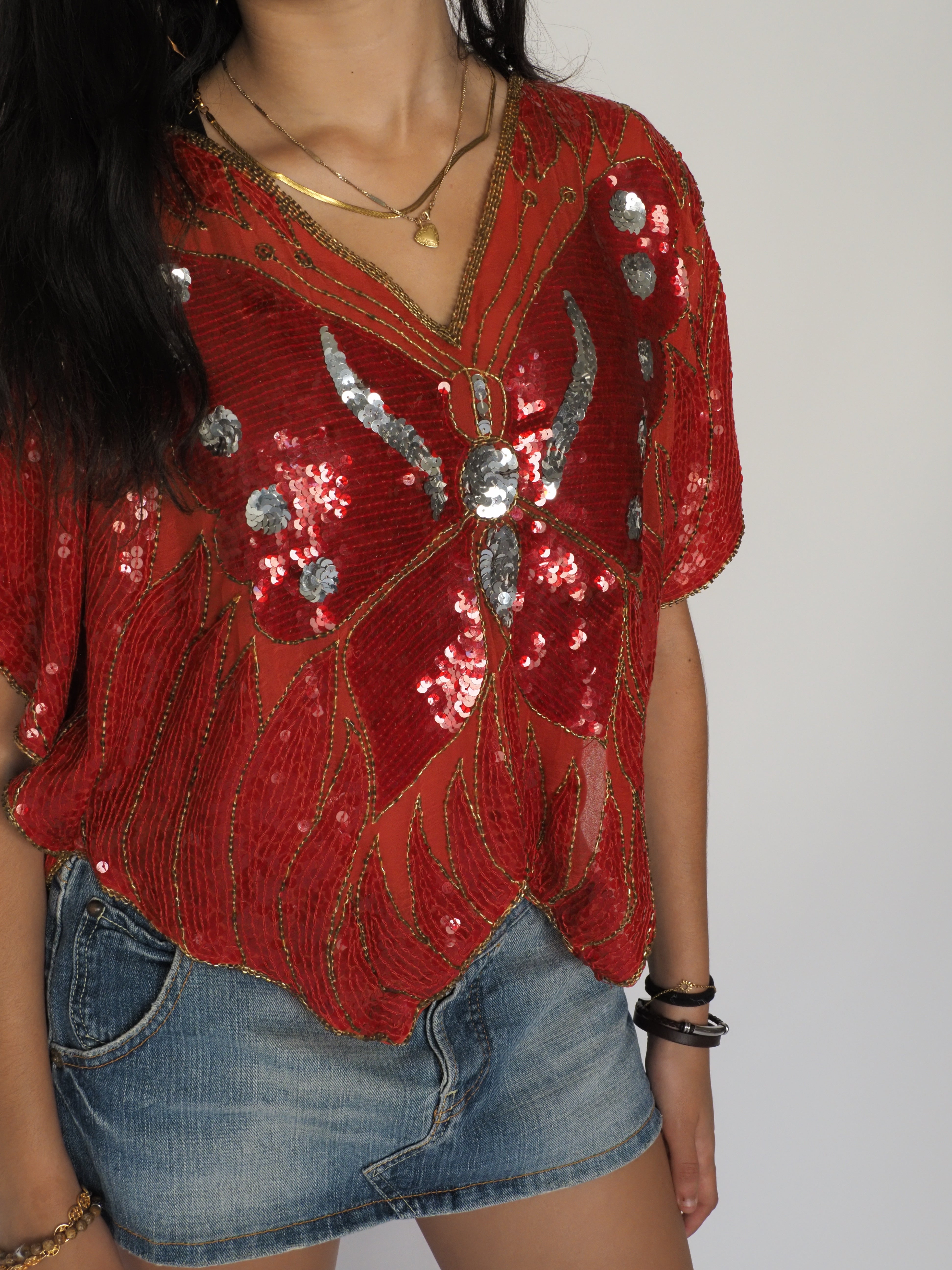 Vintage Red Sequin Butterfly Beaded Blouse