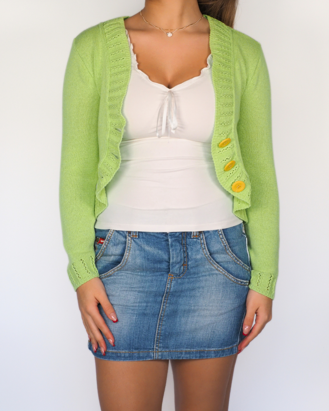 Kylie Lime Green Cropped Cardigan with Ruffle Trim & Yellow Buttonse