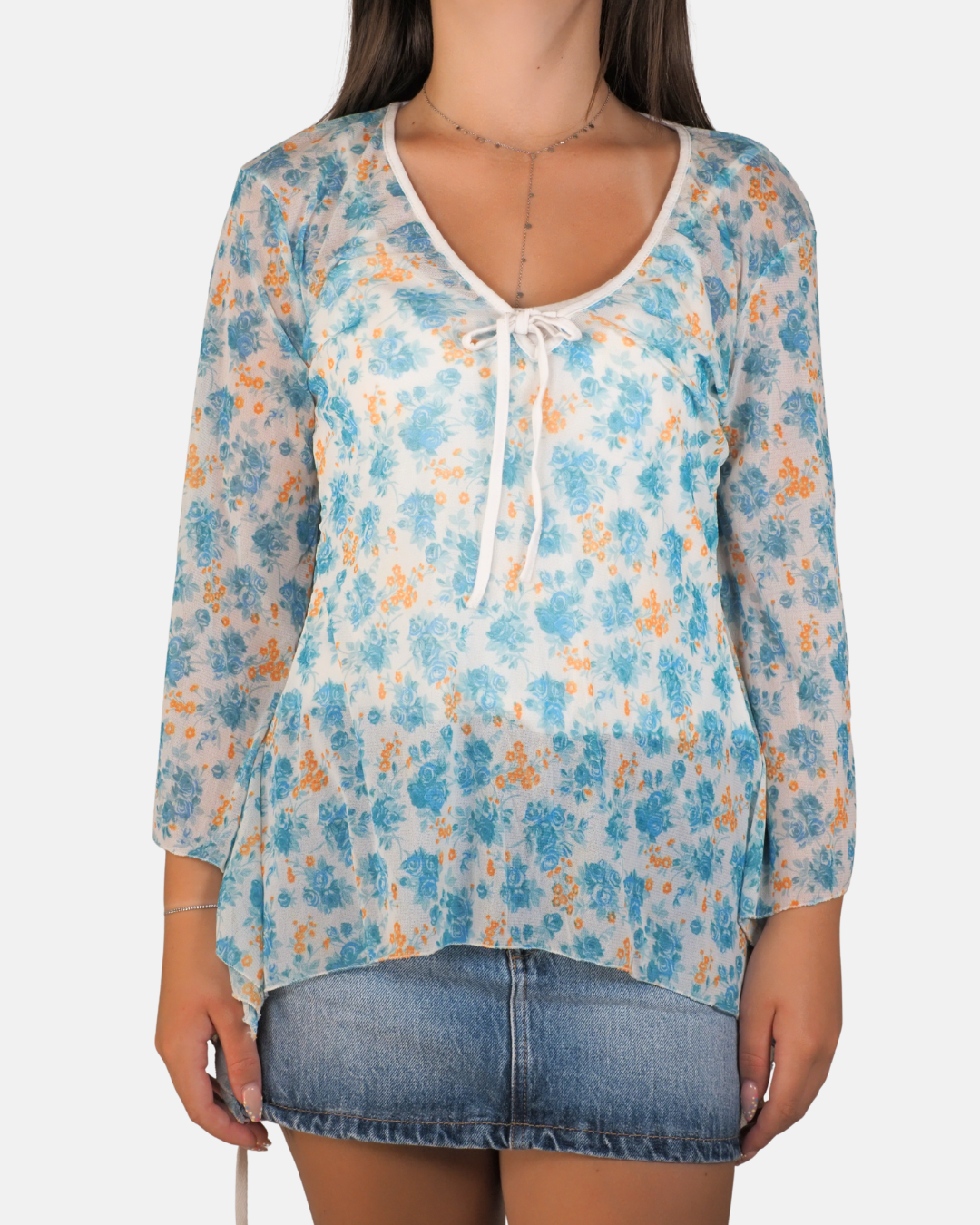 Blue Floral Bell Sleeve Tie Front Top