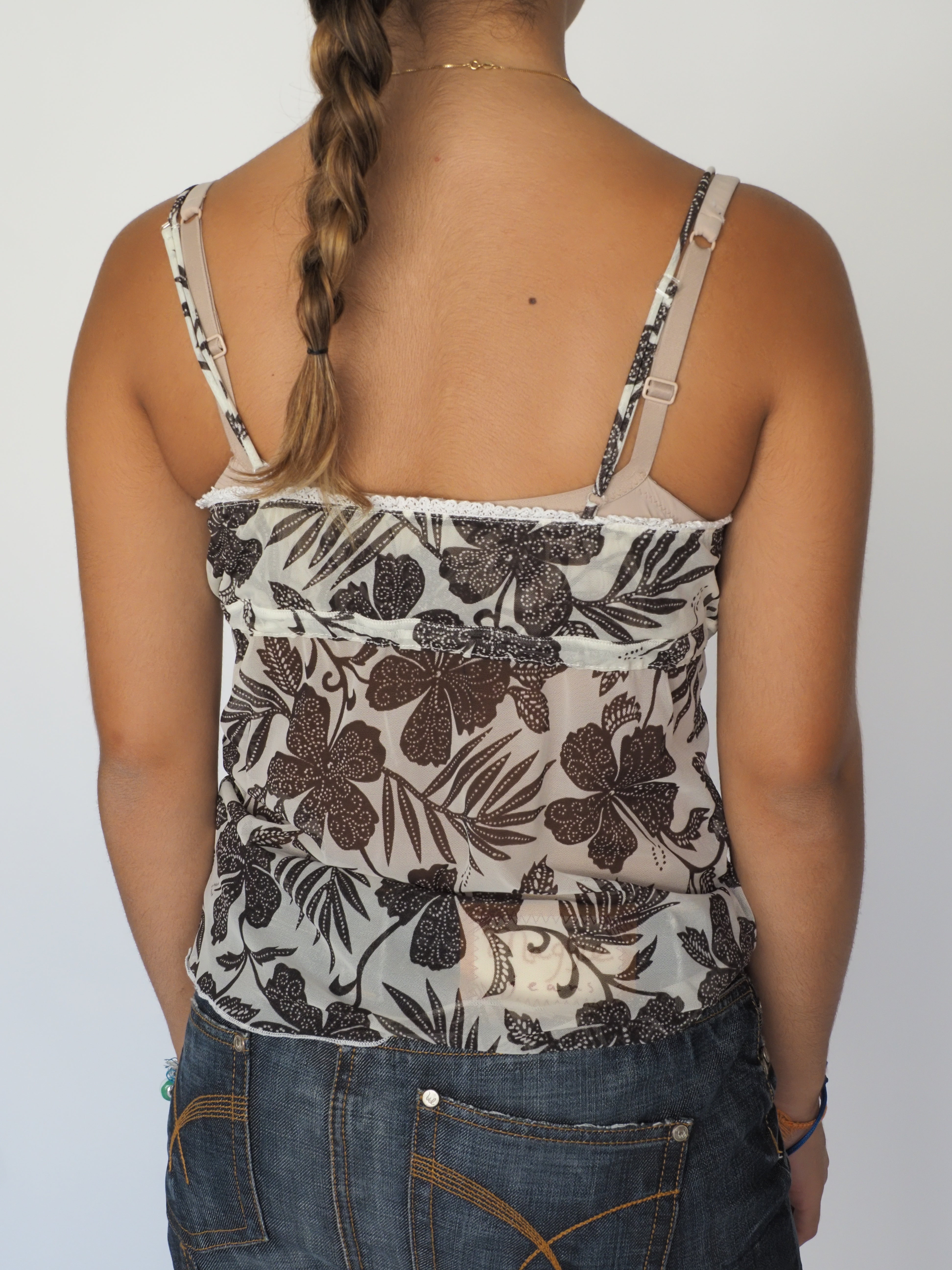 Sheer Brown Floral Print Mesh Cami with Built-In Cups & Lace Trim