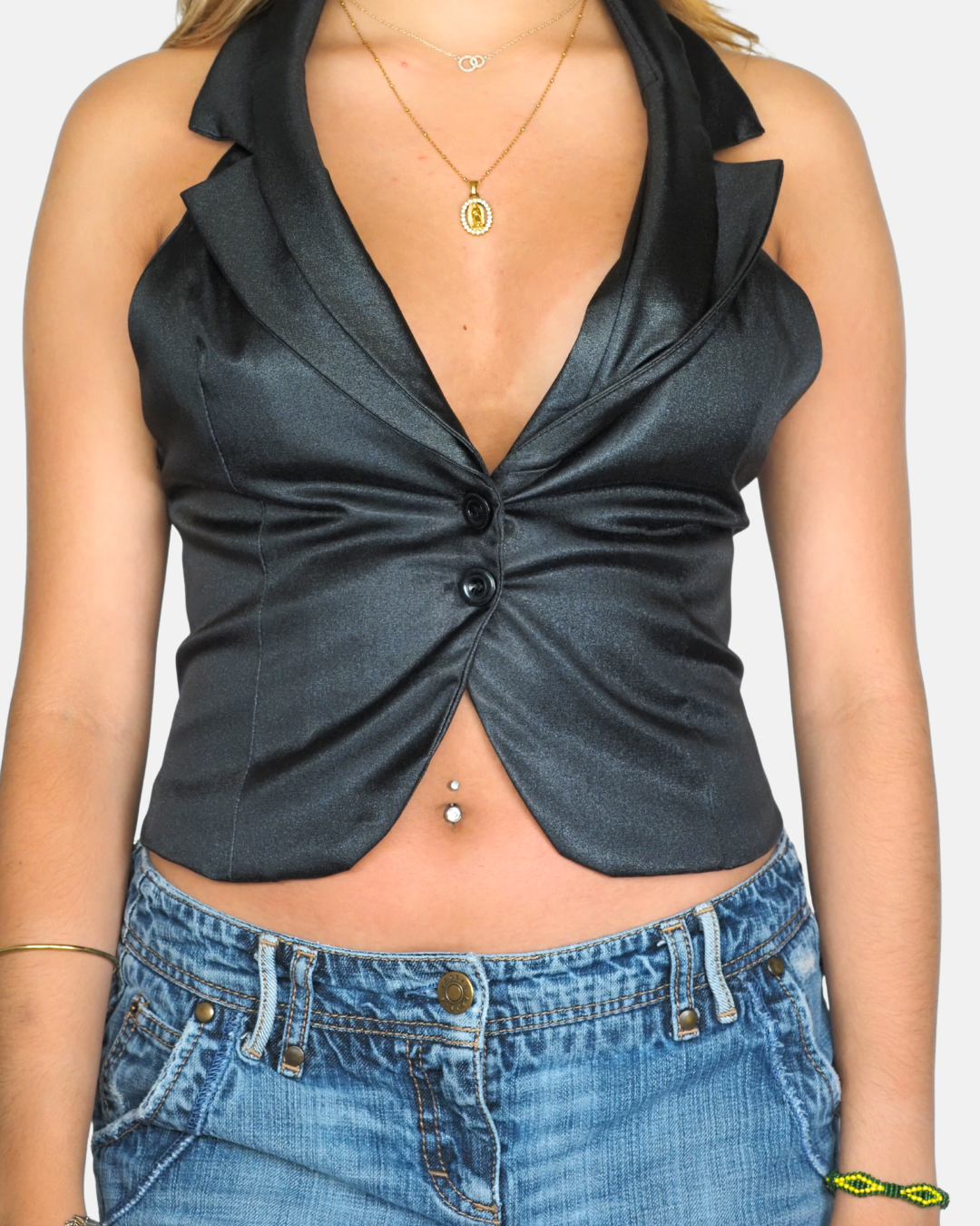 Y2K Office Siren Black Satin Halter Top
