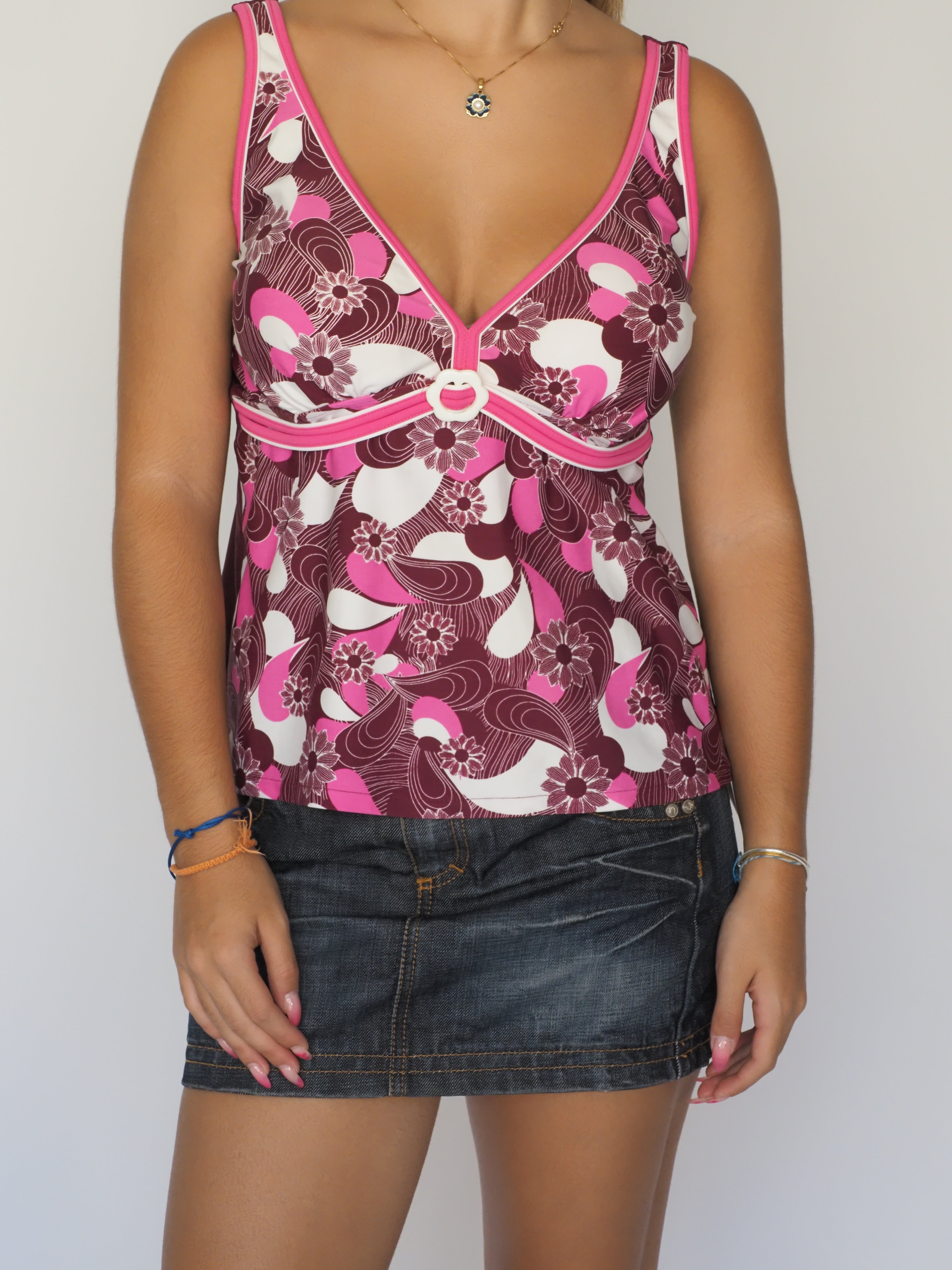 Marine Burgundy & Fuchsia Graphic Floral Bust-Detail Cami Top
