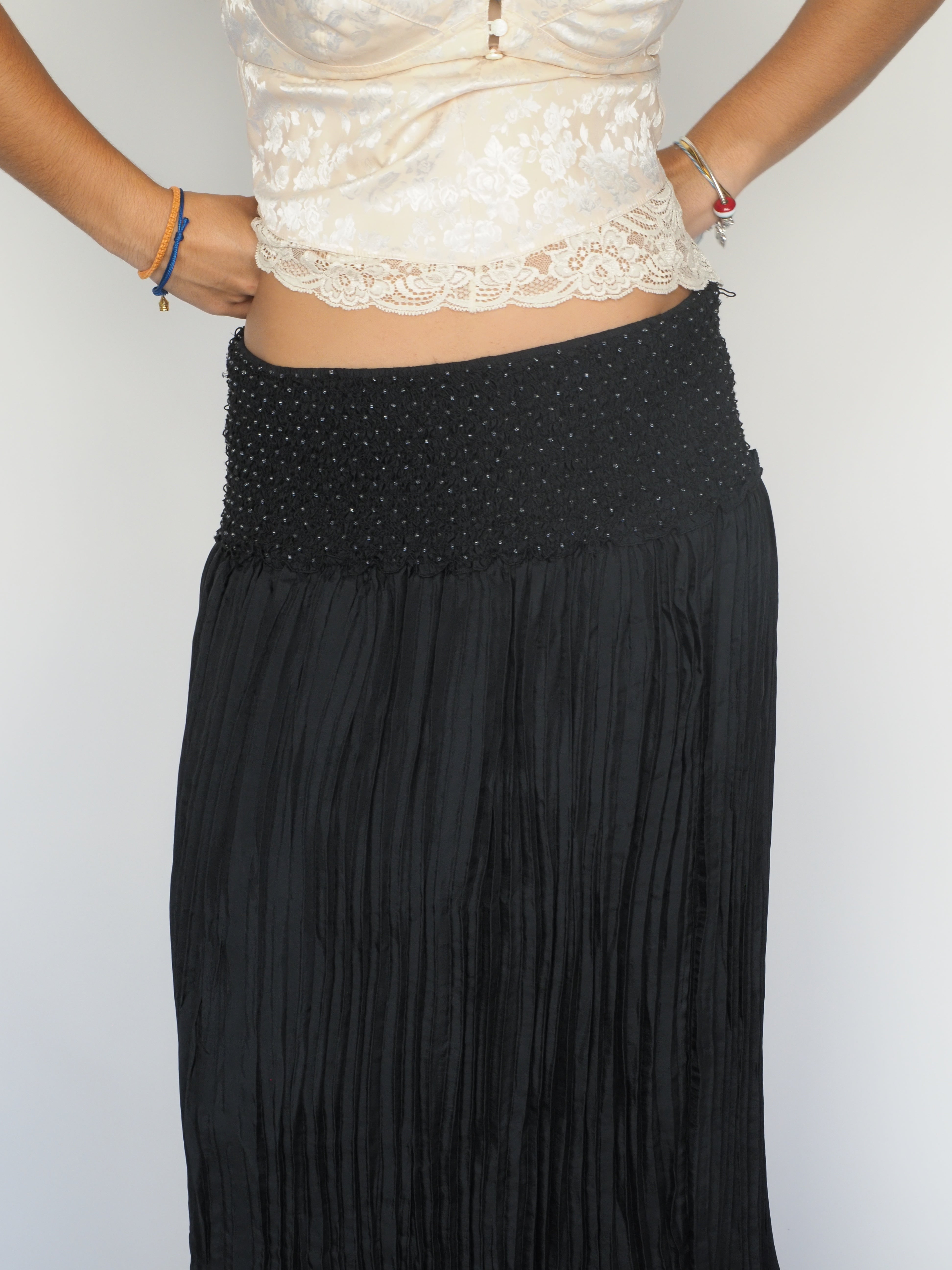 Boho Black Smocked Midi Skirt – Express with Crochet Hem