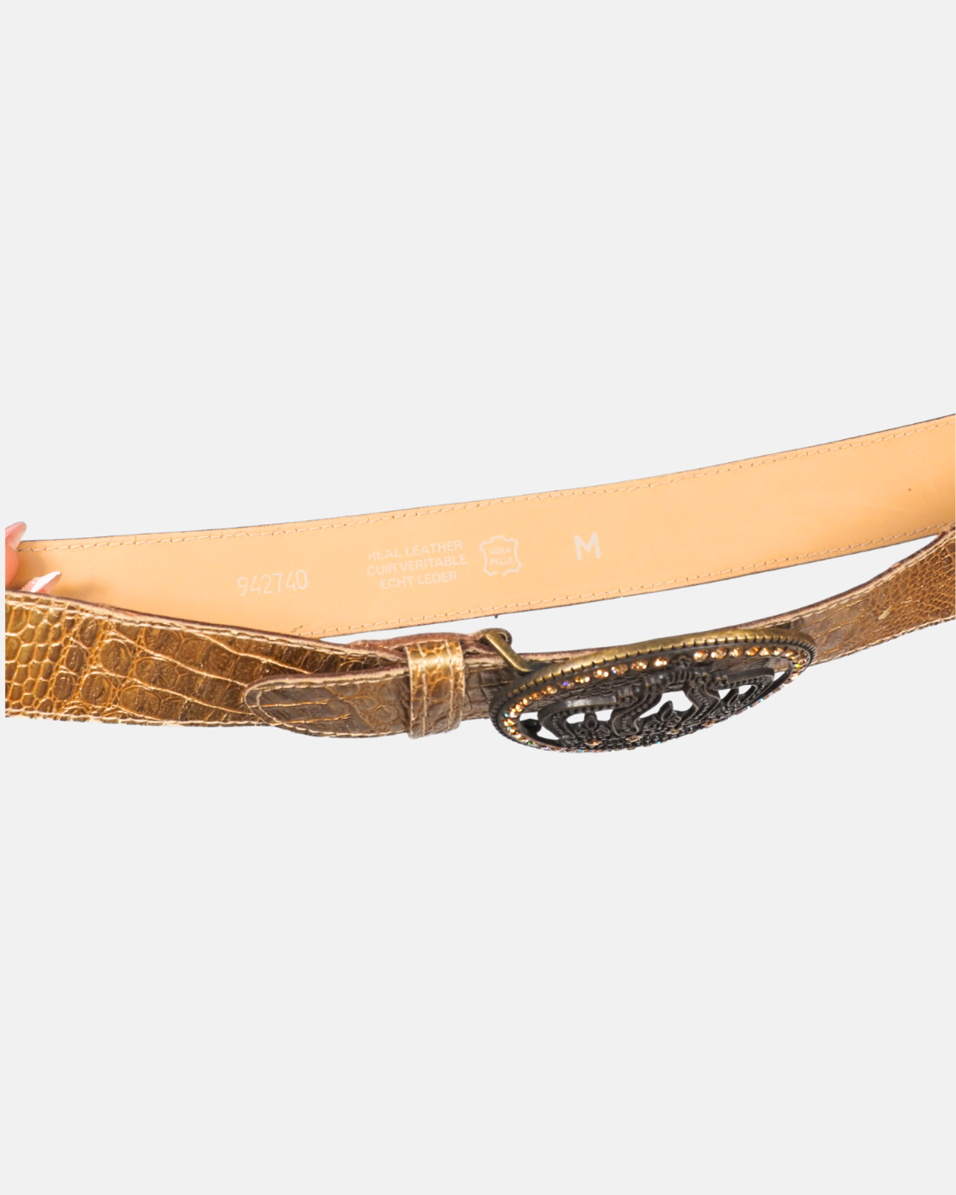 Gold Croc Embossed Belt with Crown Buckle