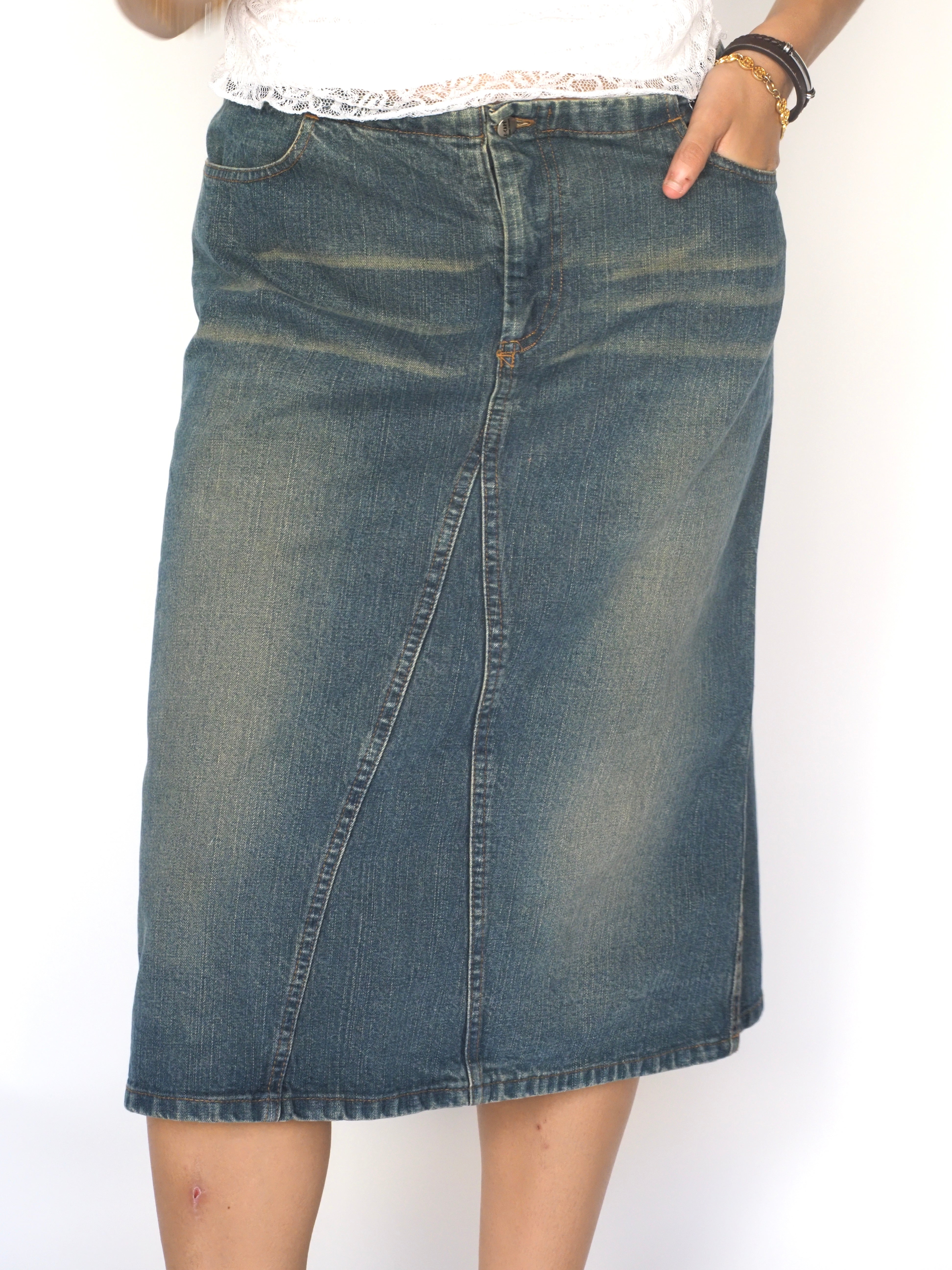 Washed Denim Midi Skirt with Asymmetric Seam – X-Cape