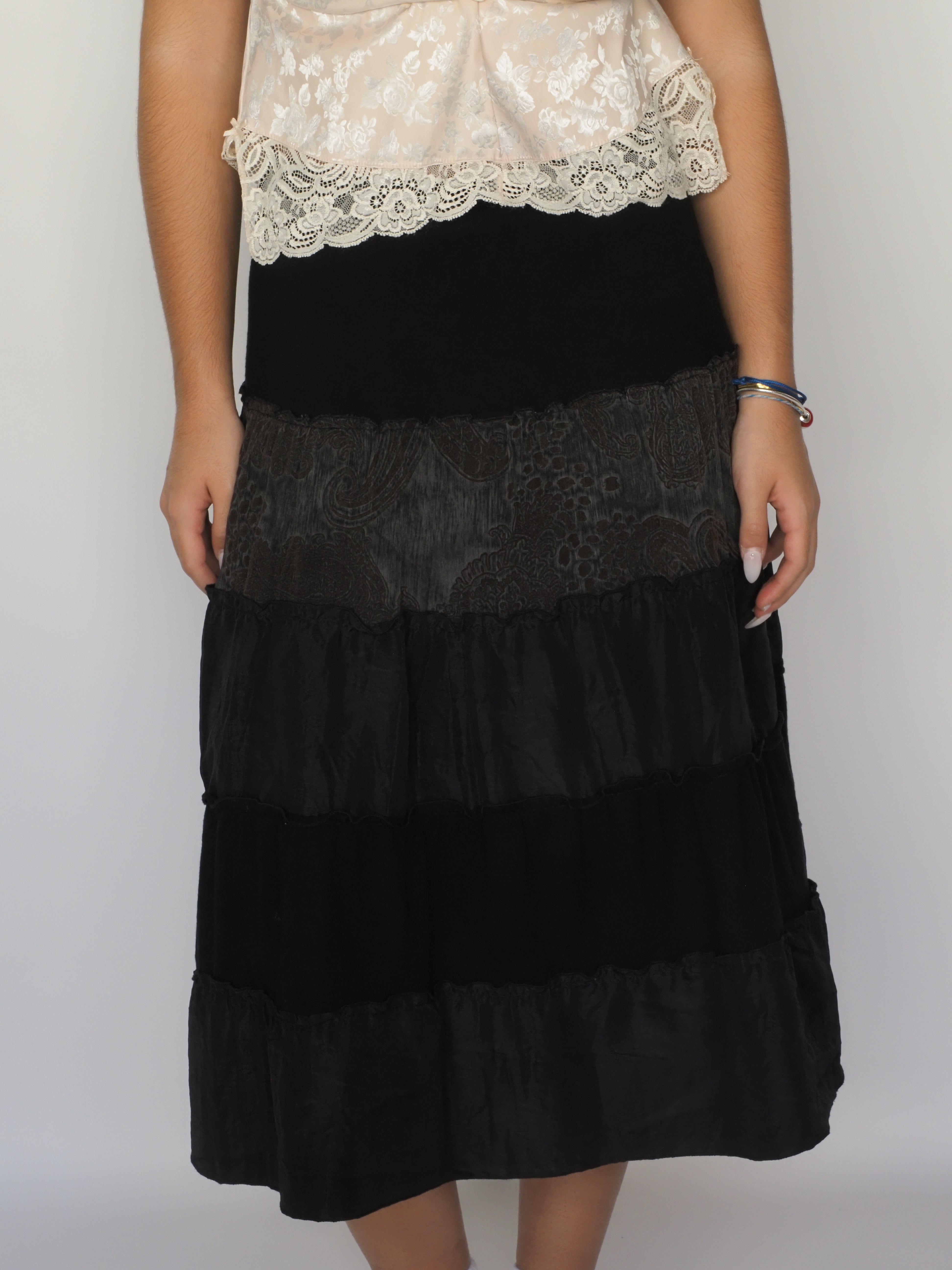 Mixed-Fabric Tiered Midi Skirt – Righi