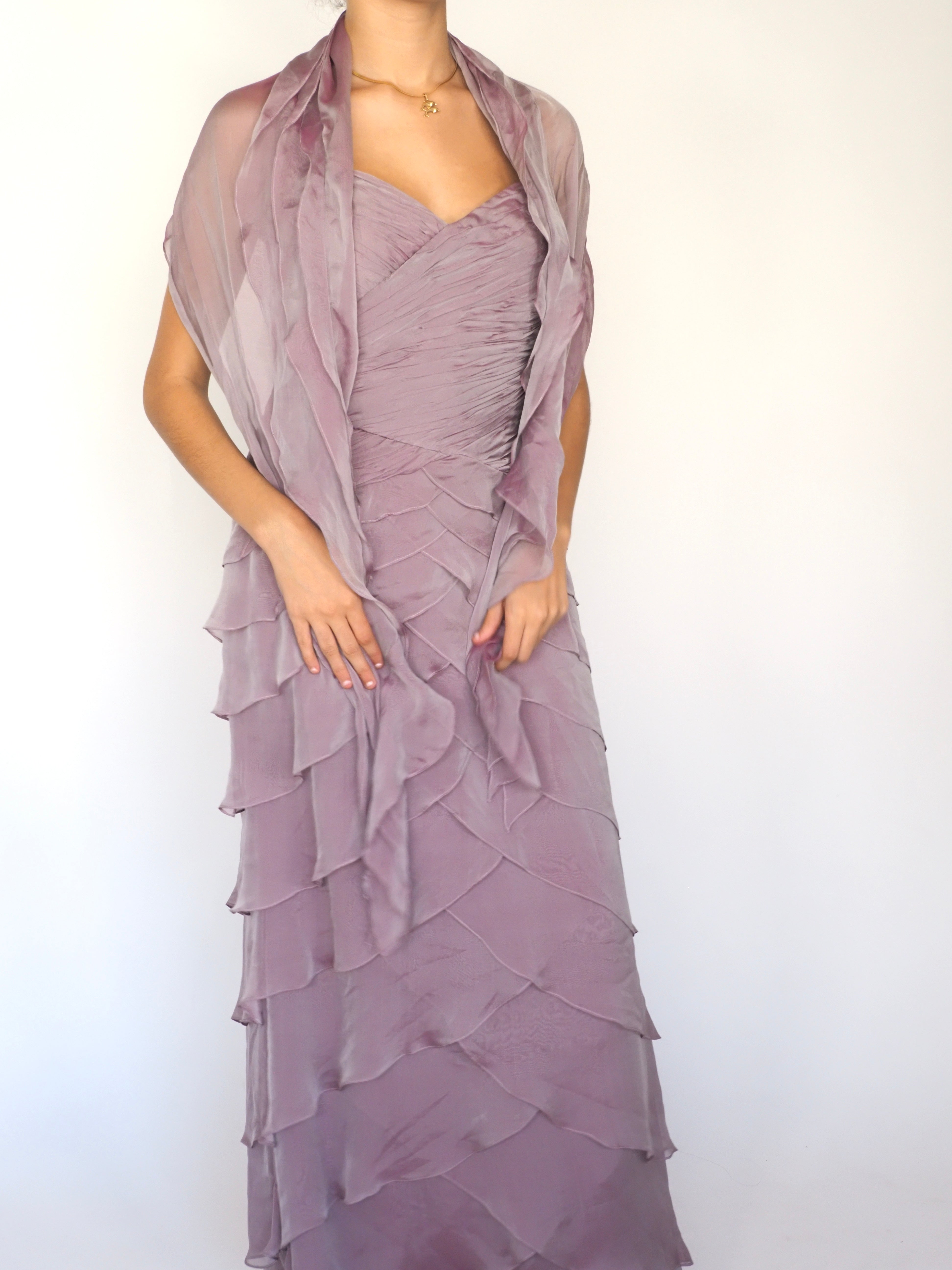 Lavender Tiered Chiffon Gown with Matching Scarf