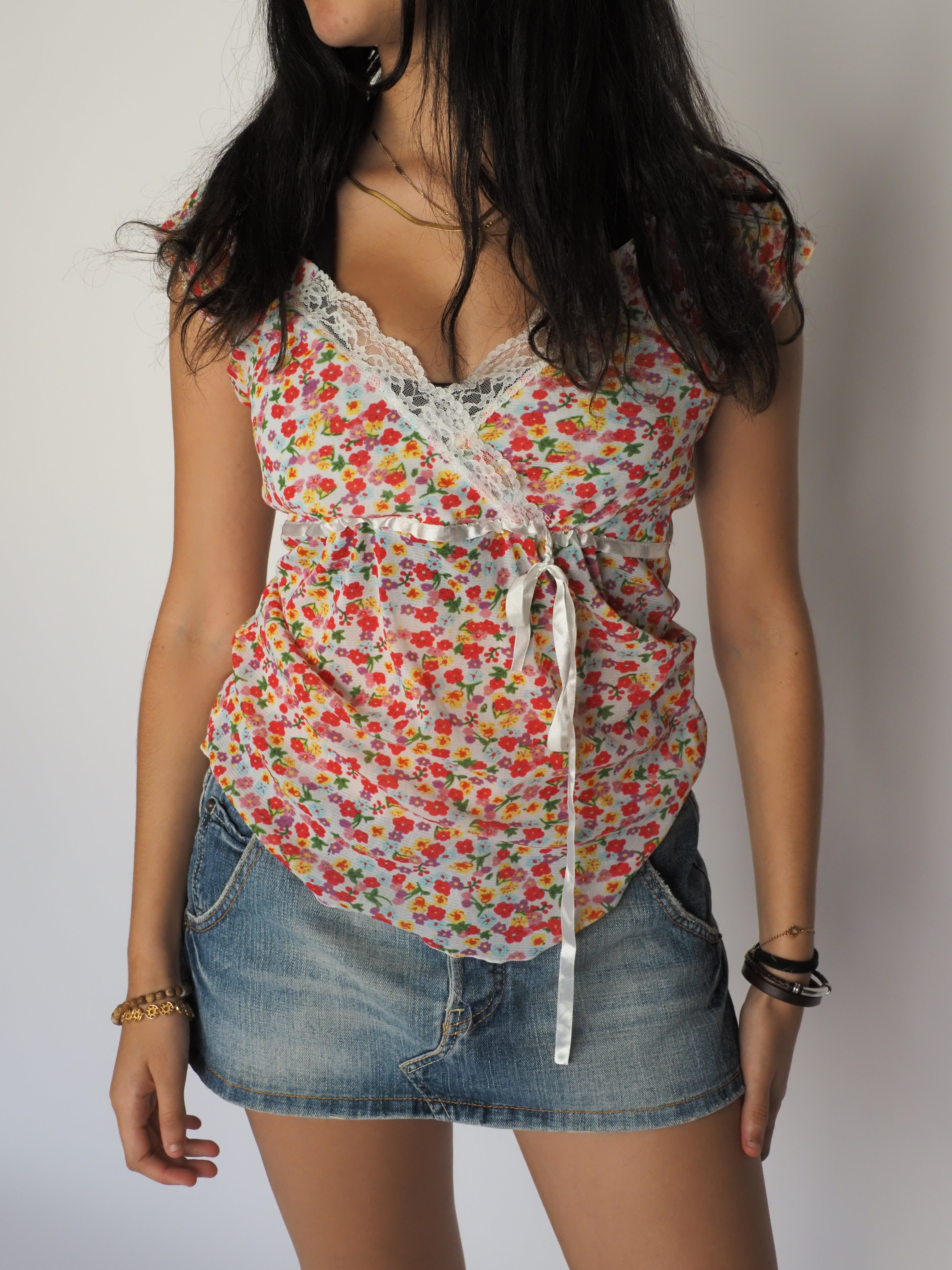 Vintage Sheer Floral Wrap Top with Lace Trim – Flowers Paradise by Tan