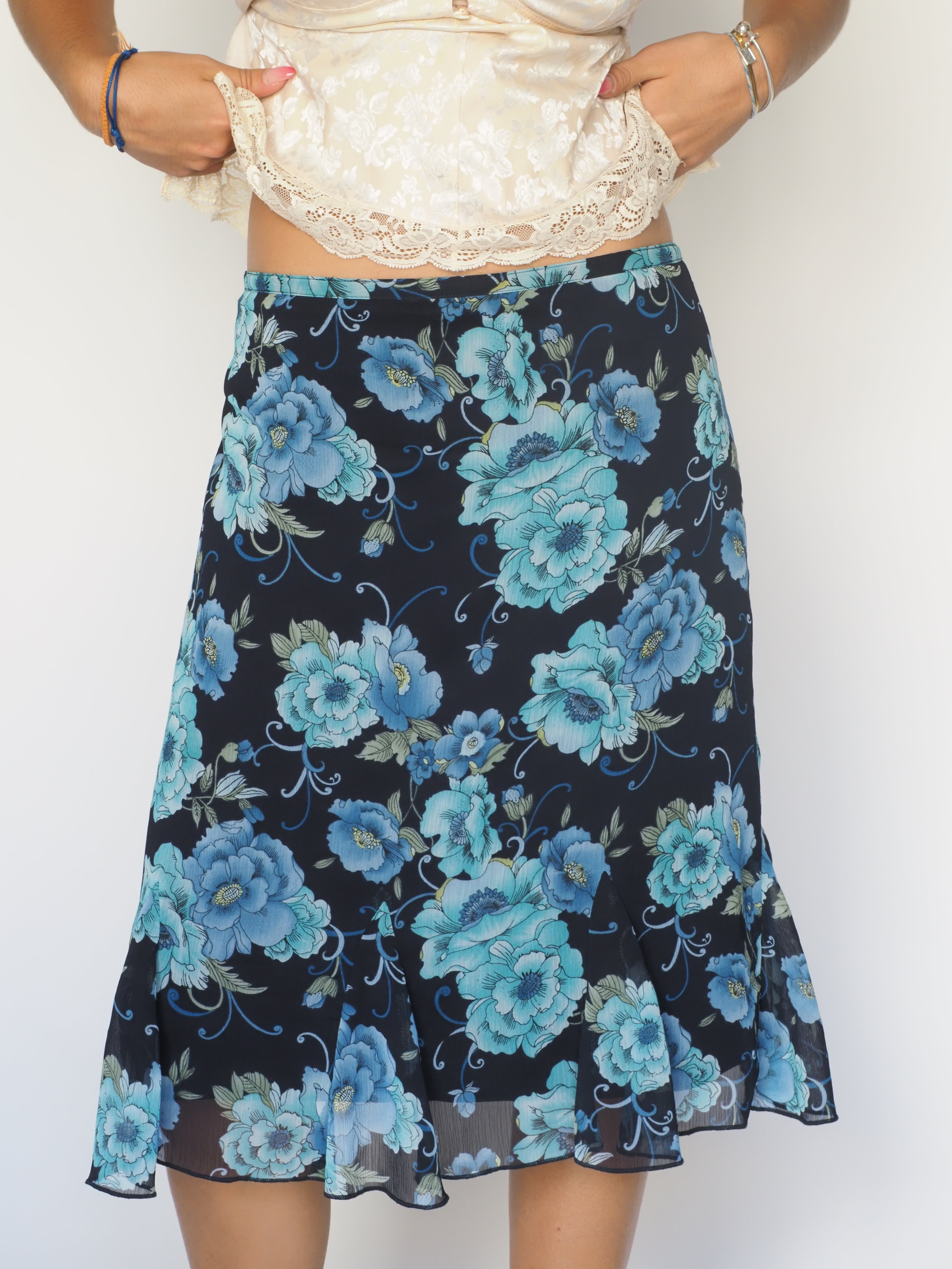 Navy Blue Floral Flounce Hem Skirt – Dress Barn