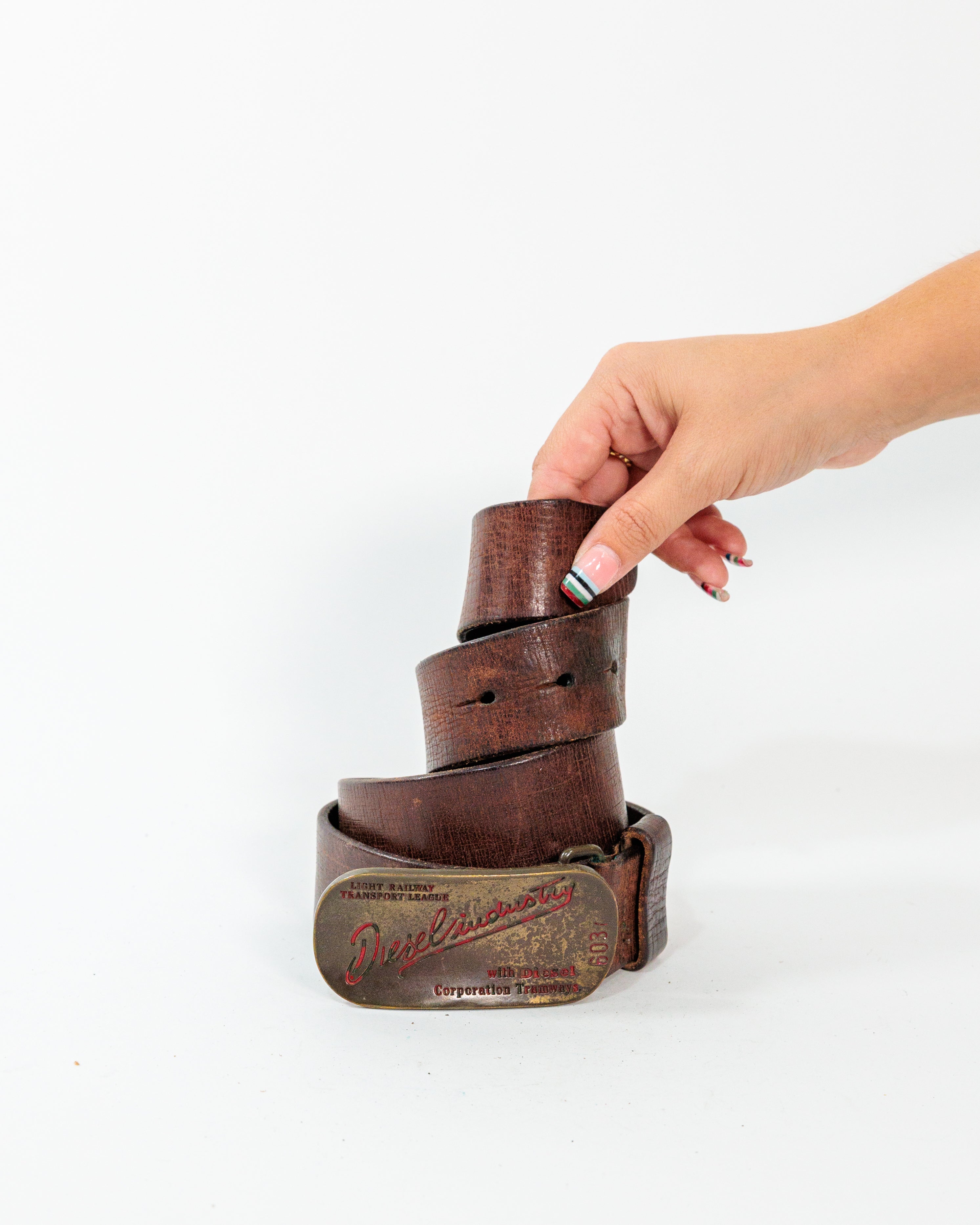 Brown Distressed Leather Logo Belt - Diesel