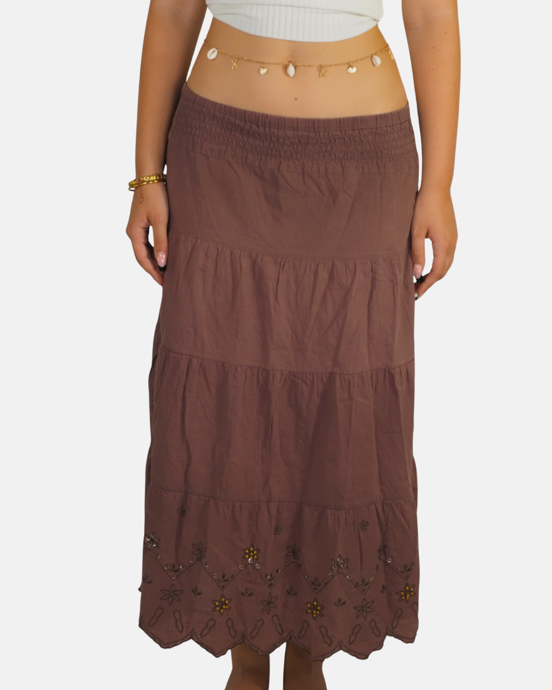 Brown Embroidered Tiered Midi Skirt