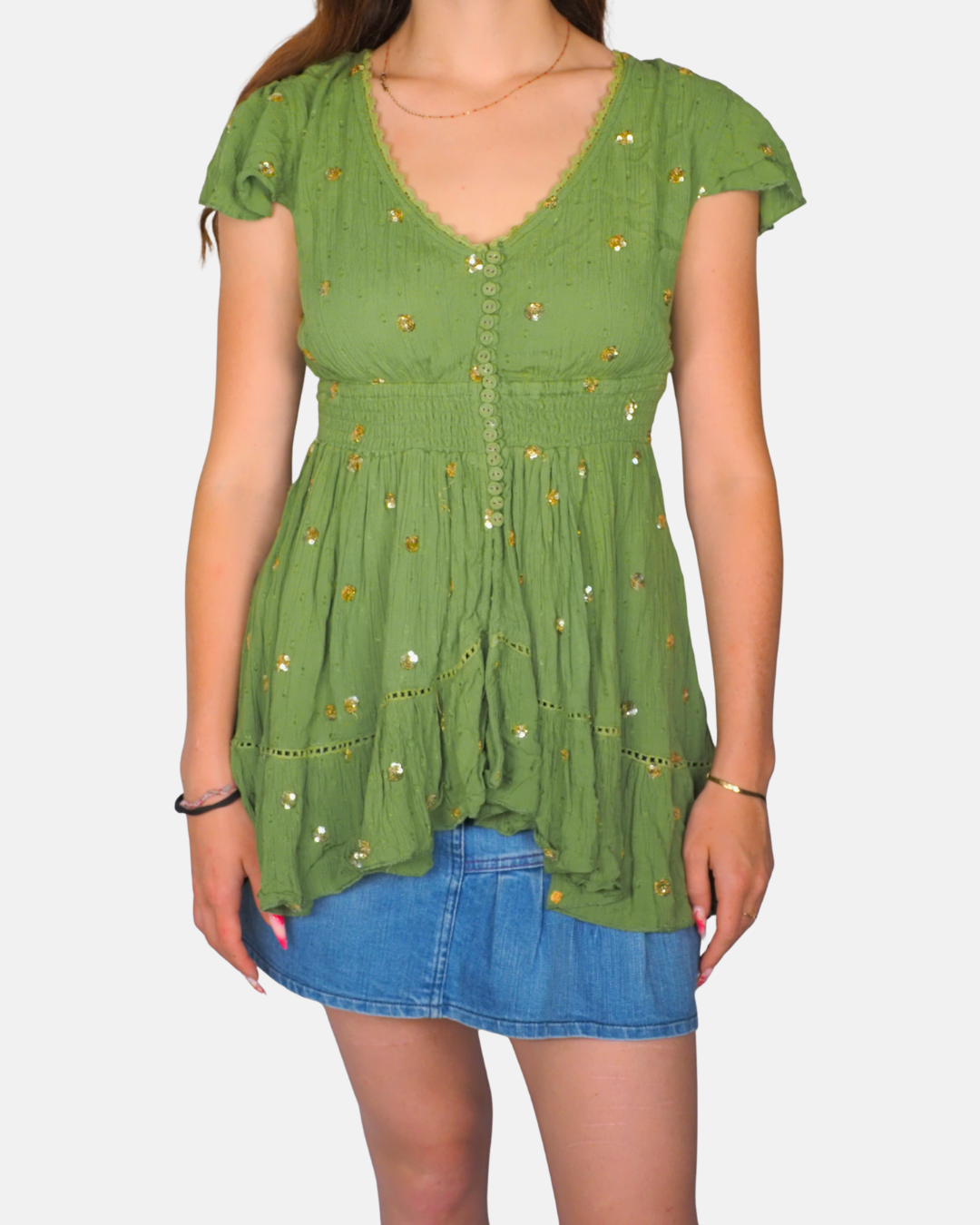 Vintage Olive Sequin Boho Babydoll Top