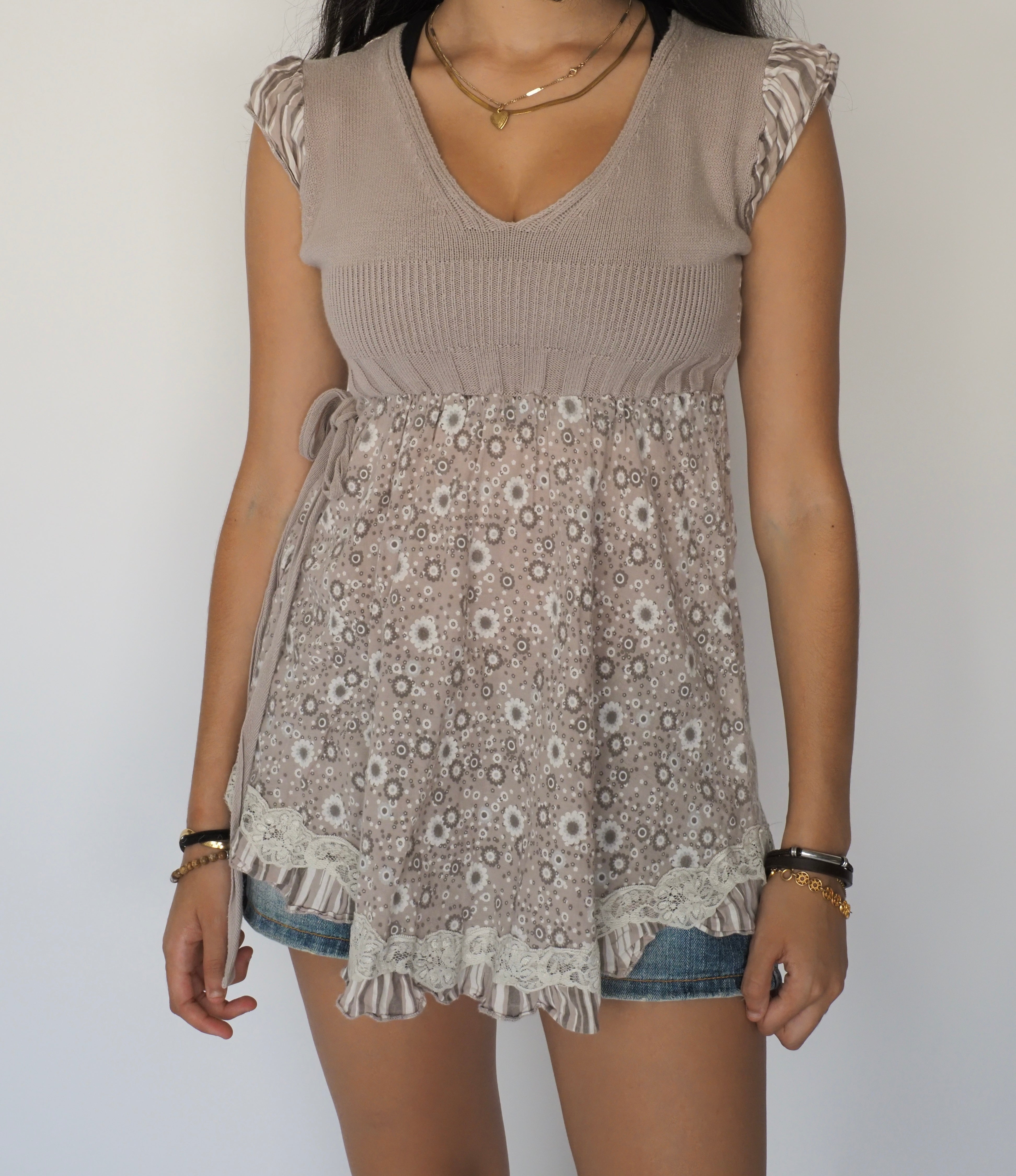 Matisse Taupe Knit & Lace Babydoll Top with Floral Mesh Overlay