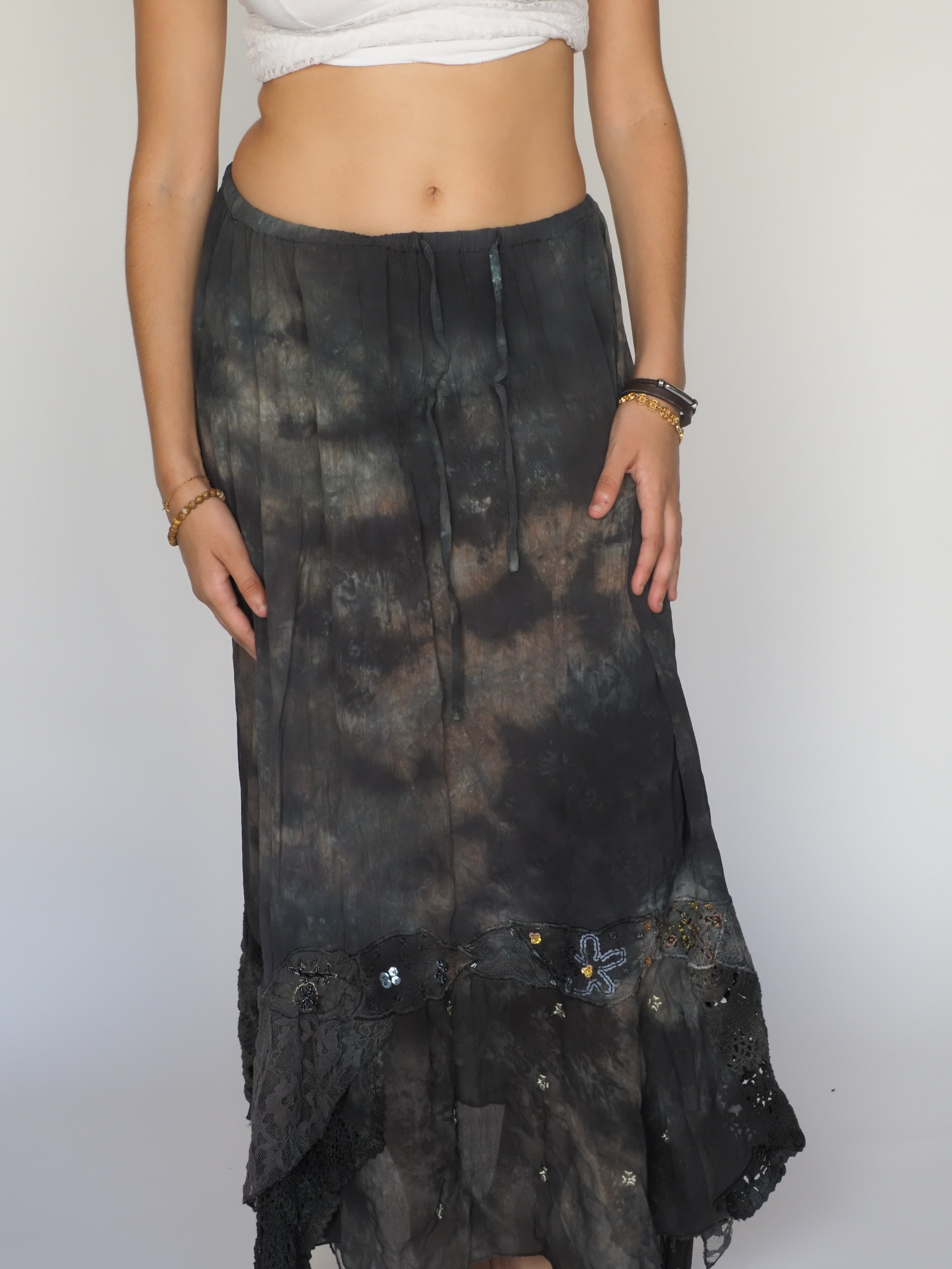 Boho Tie-Dye Mesh Maxi Skirt with Lace & Beading – Positano
