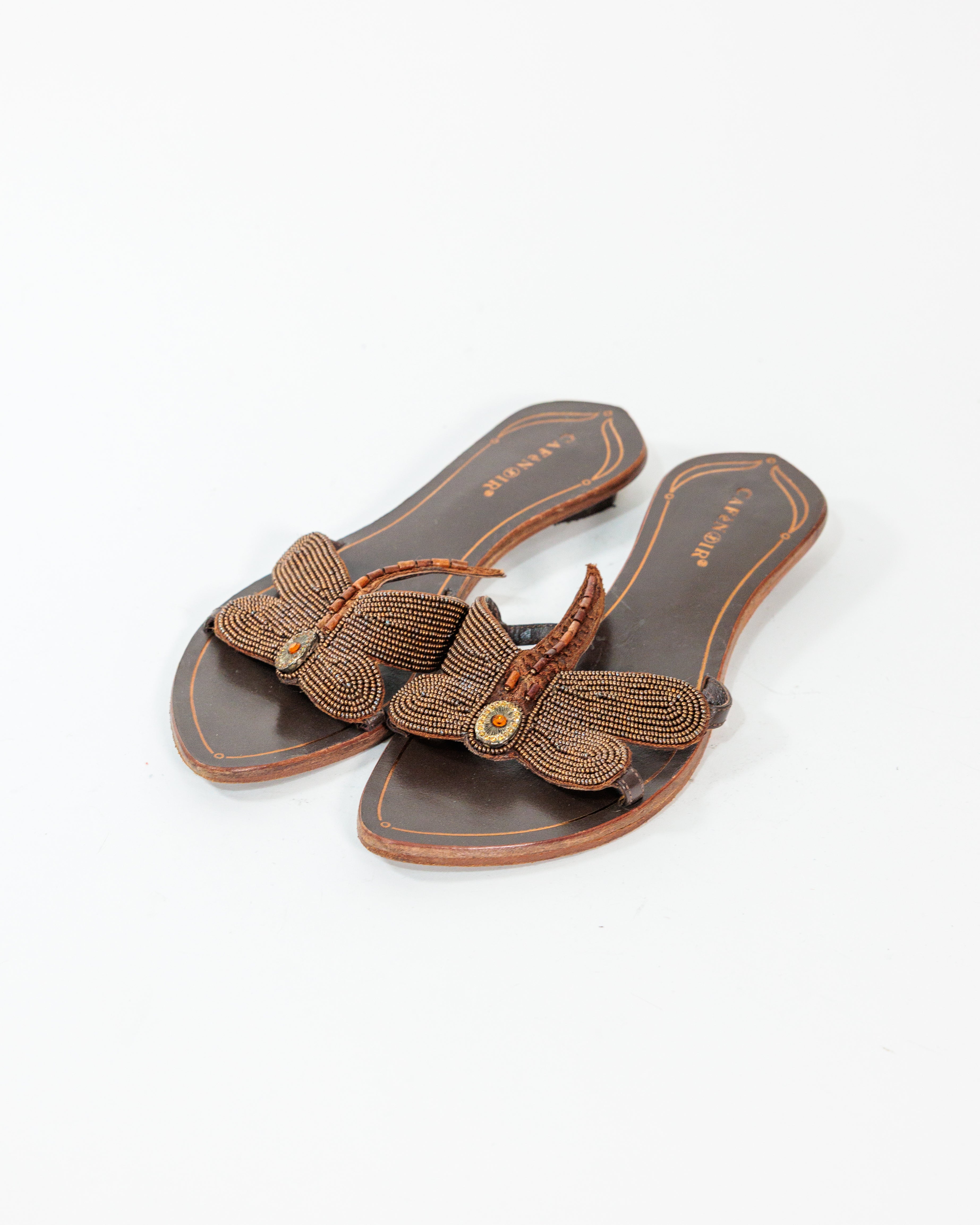 Brown Beaded Dragonfly Sandals - CafèNoir