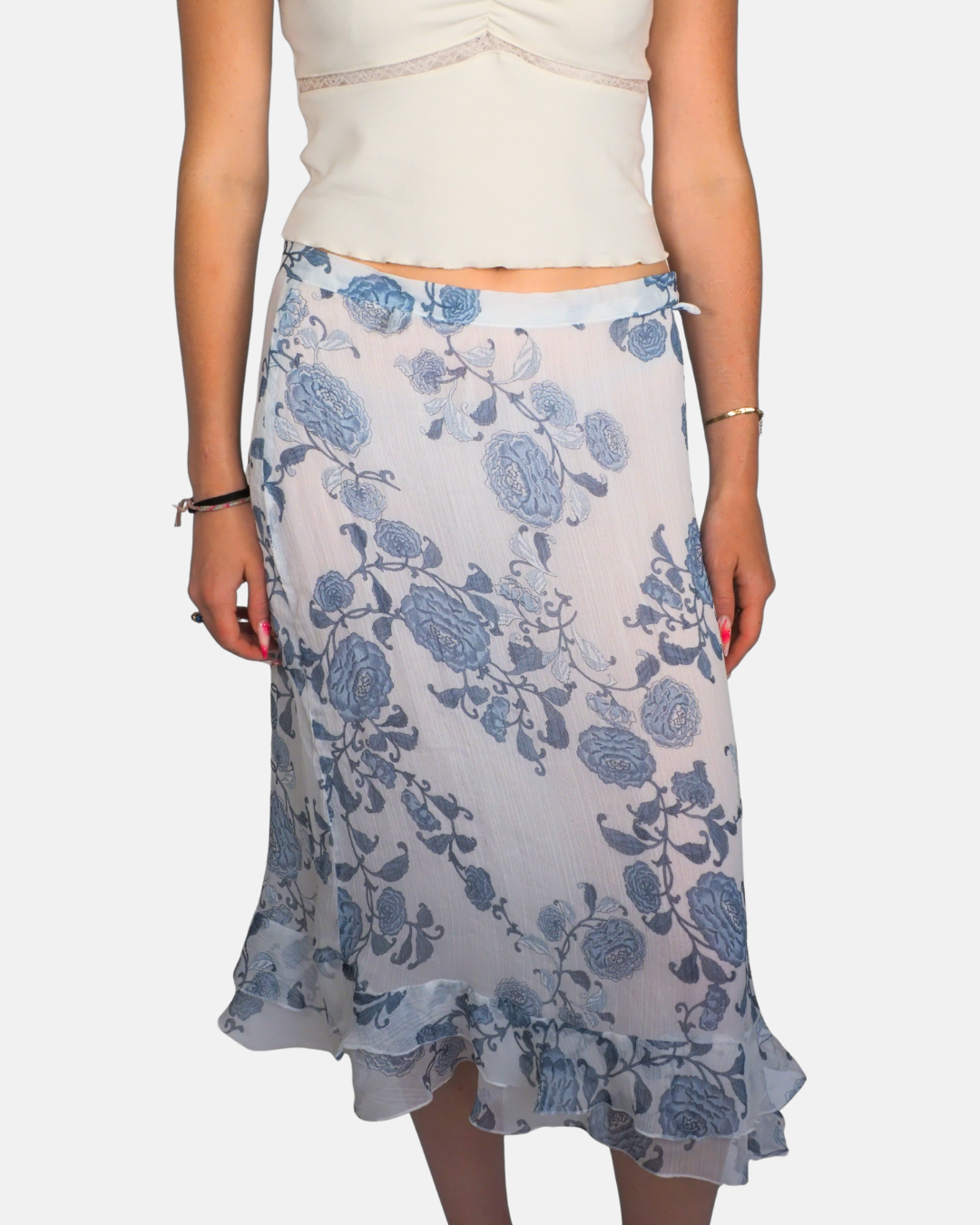 Blue Floral Chiffon Ruffle Midi Skirt by Shendel