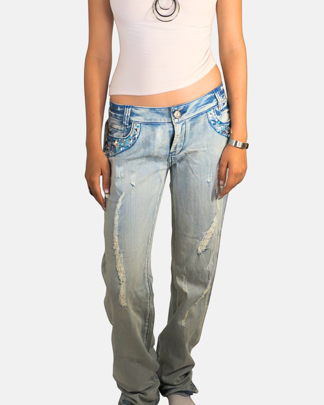 Y2K Rhinestone Distressed Low Rise Jeans