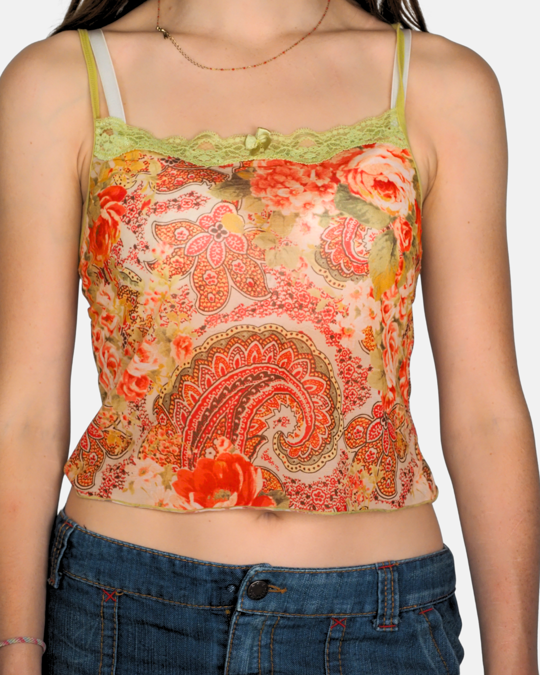 Y2K Paisley Floral Lace Trim Cami Top