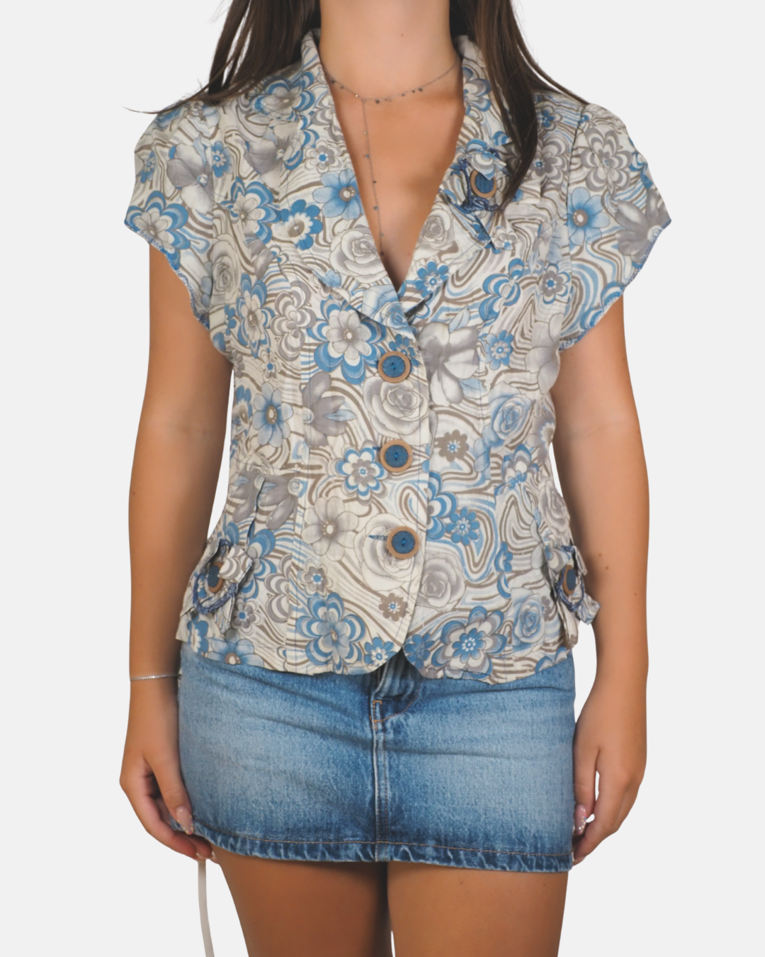 Blue Floral Fitted Waistcoat Top - Lady Lamar