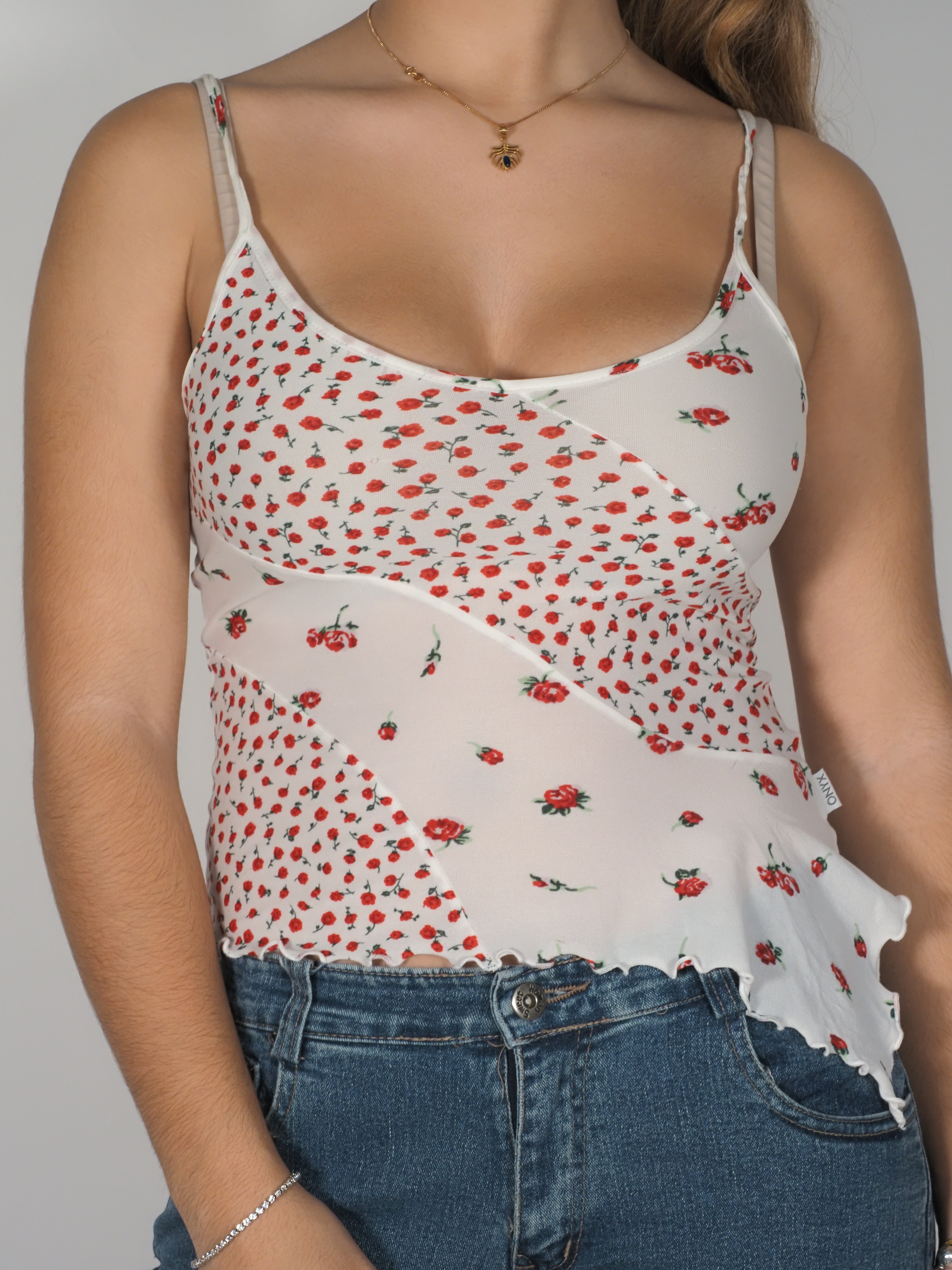 White & Red Floral Asymmetrical Mesh Cami – ONYX