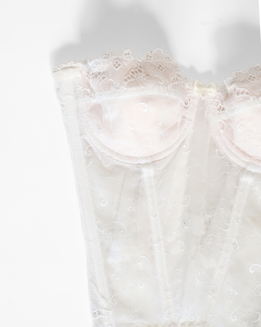 Sheer Ivory Lace Corset Top with Embroidered Mesh & Ruffle Trim