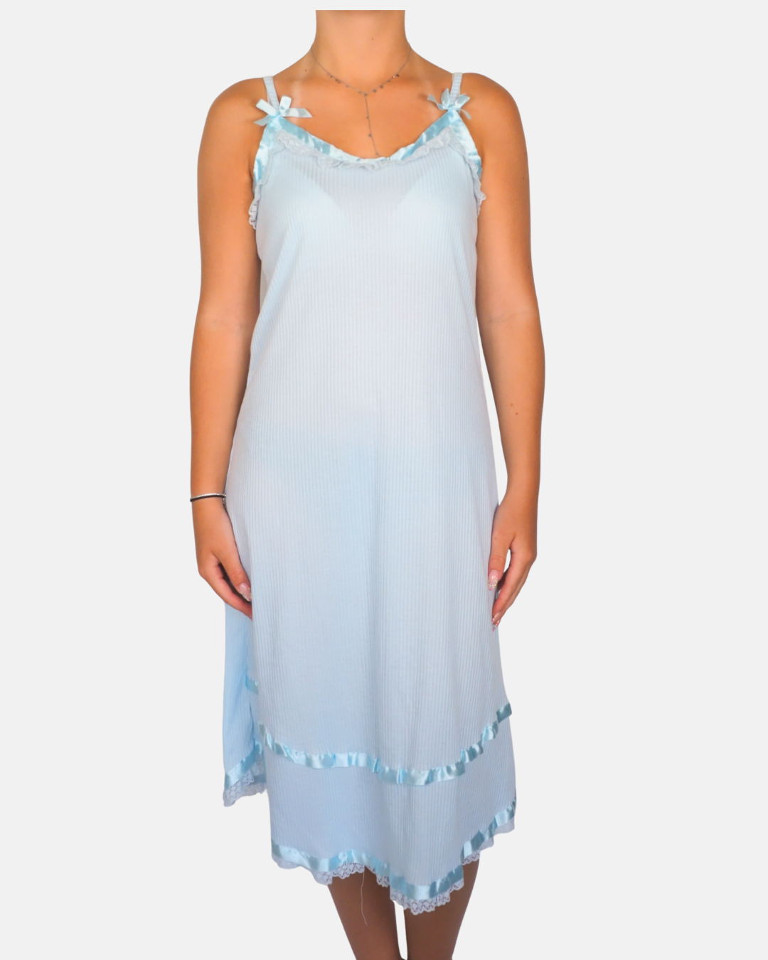 Baby Blue Ribbon Trim Midi Dress