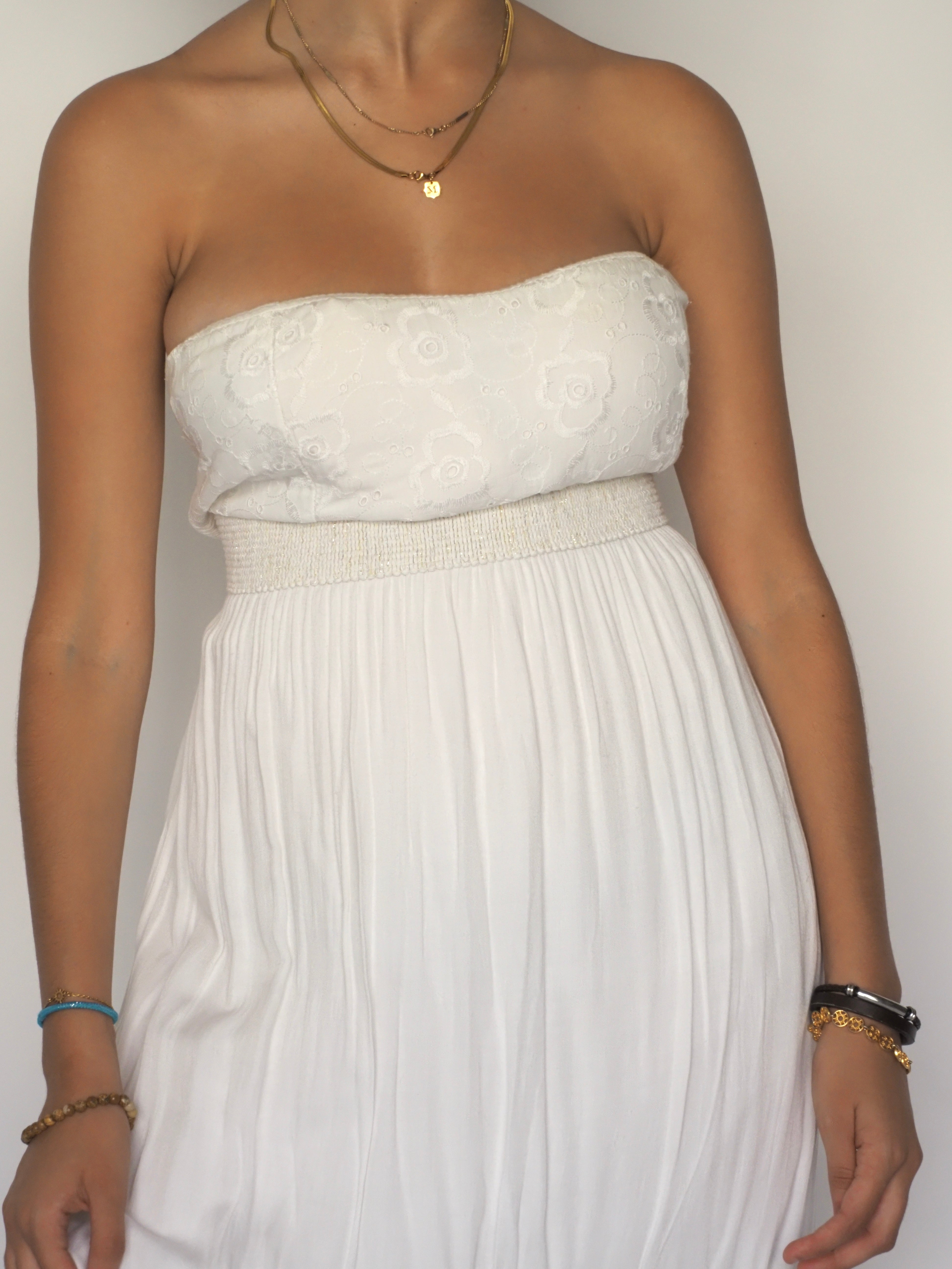White Strapless Maxi Dress with Embroidered Bodice