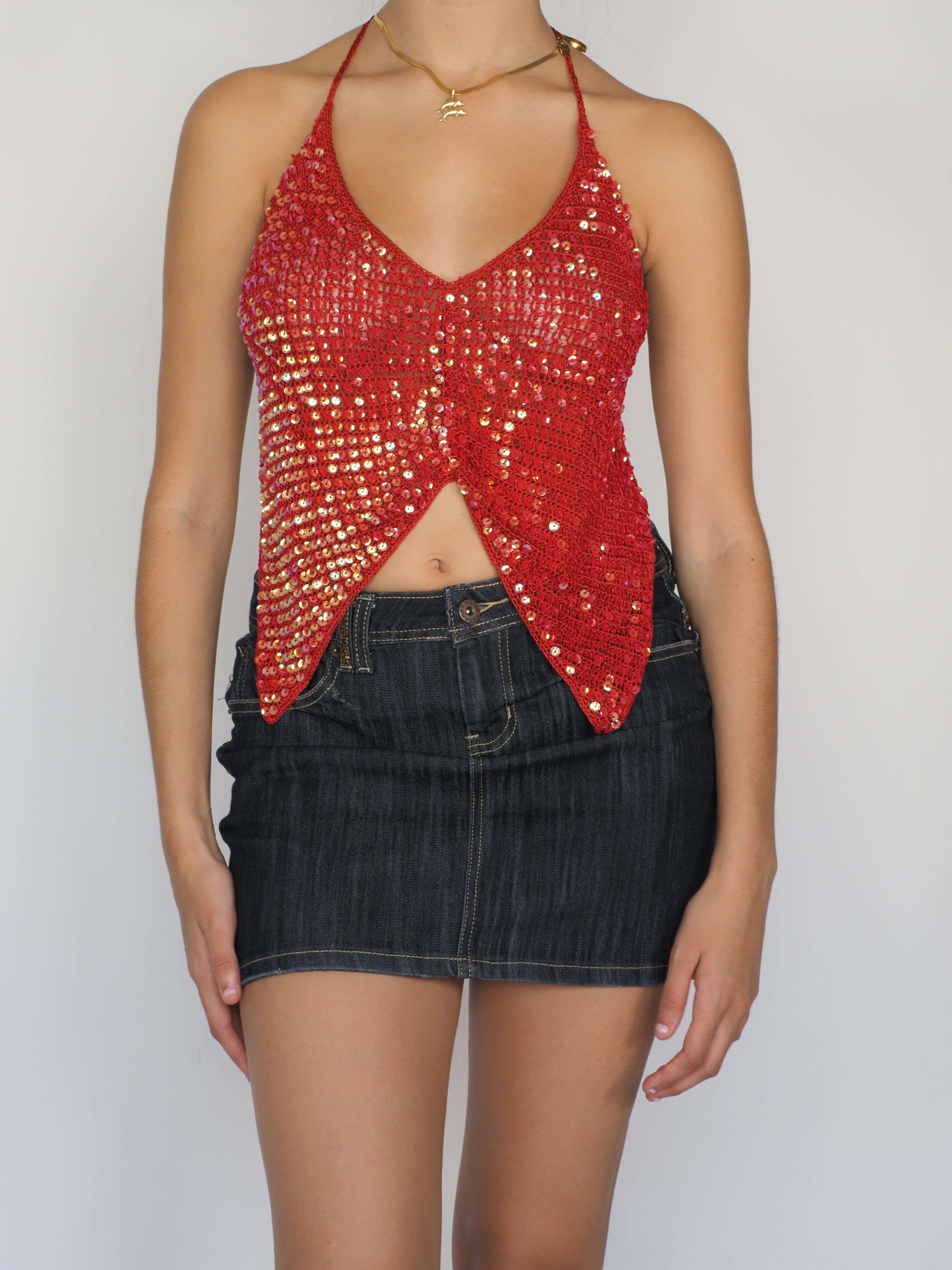 Red Sequin Crochet Halter Top